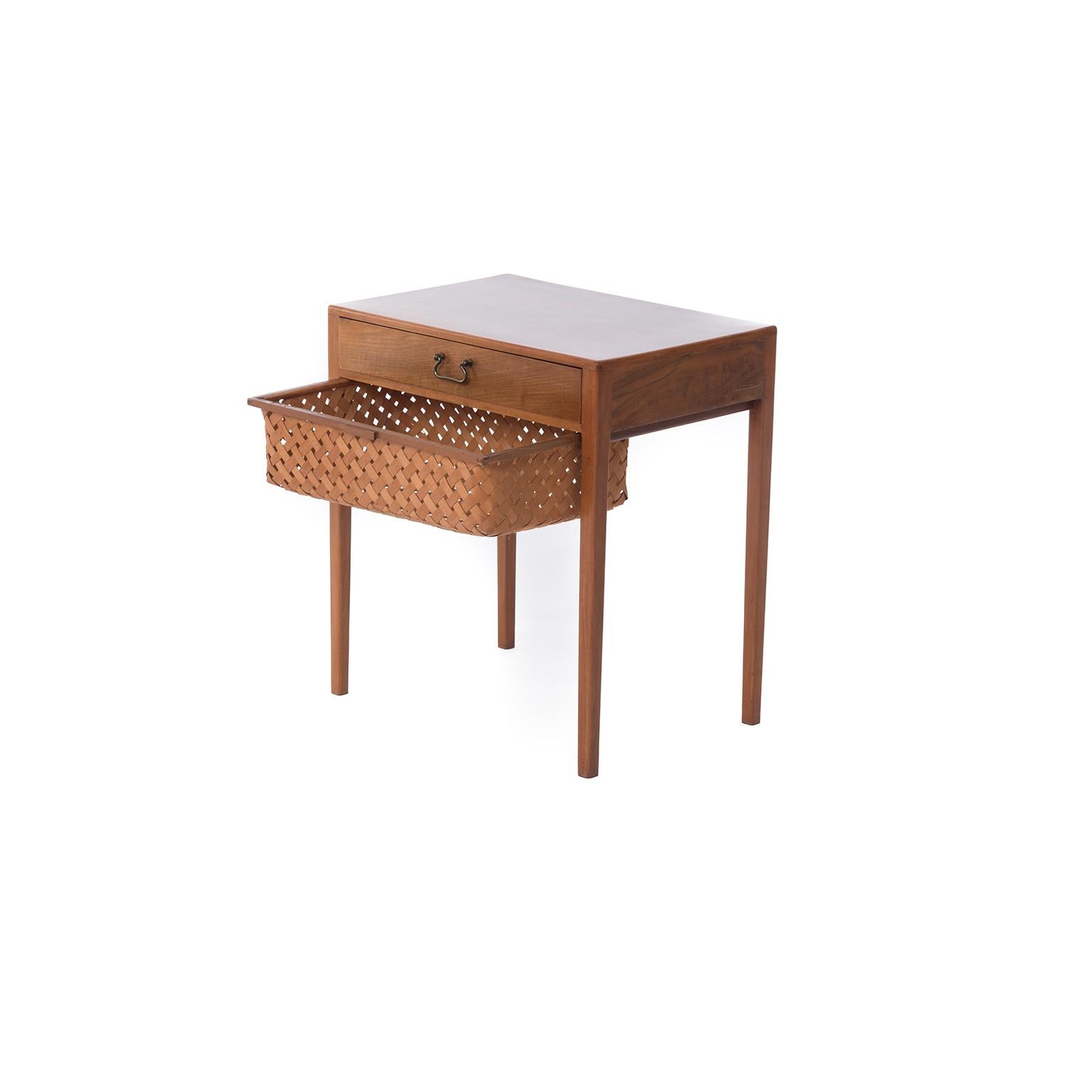 Transitional Scandinavian Modern Mahogany Sewing Table with Drawer and Basket In Excellent Condition In Minneapolis, MN