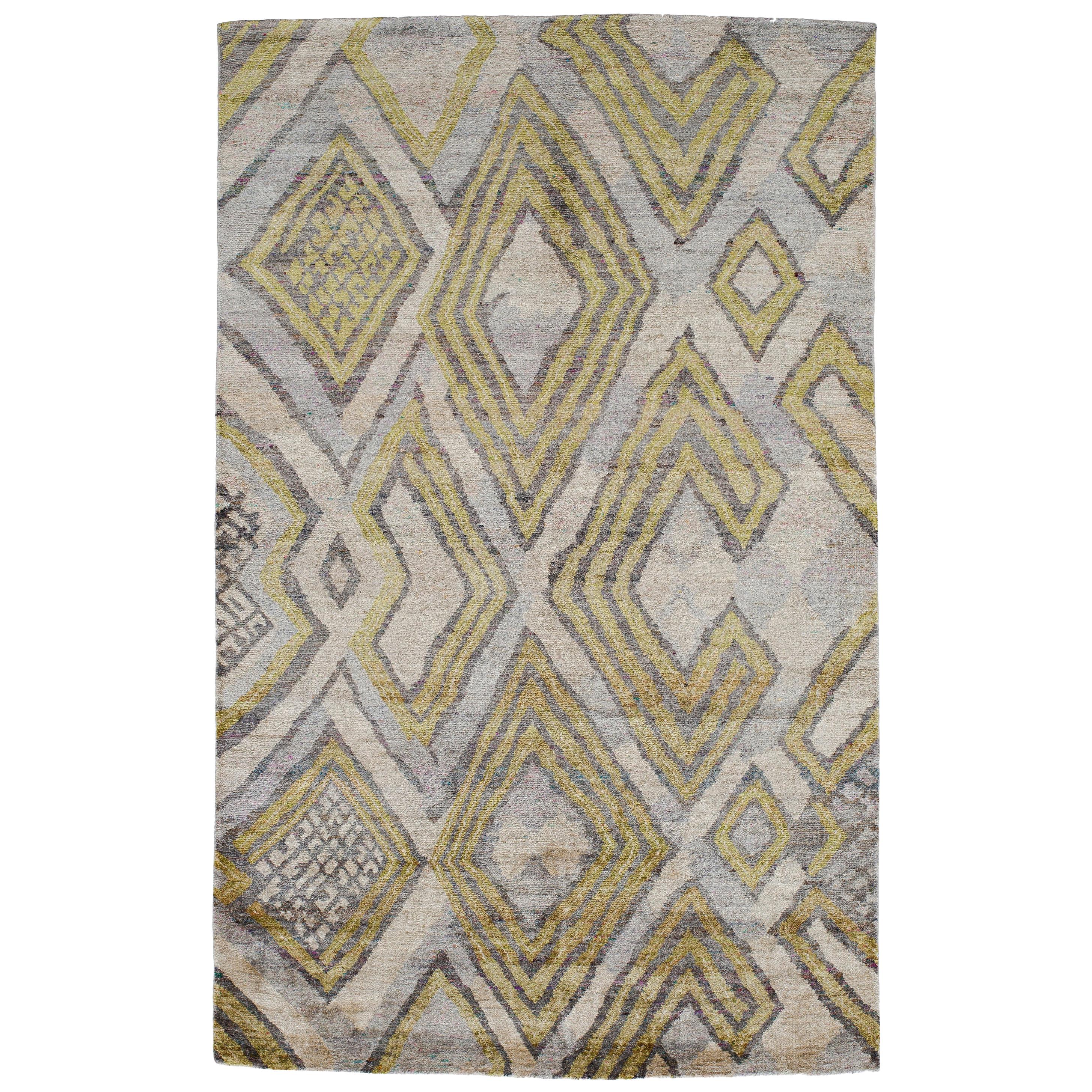 Silver White Lime Green Powder Blue African Tribal Silk Hand Knotted Rug