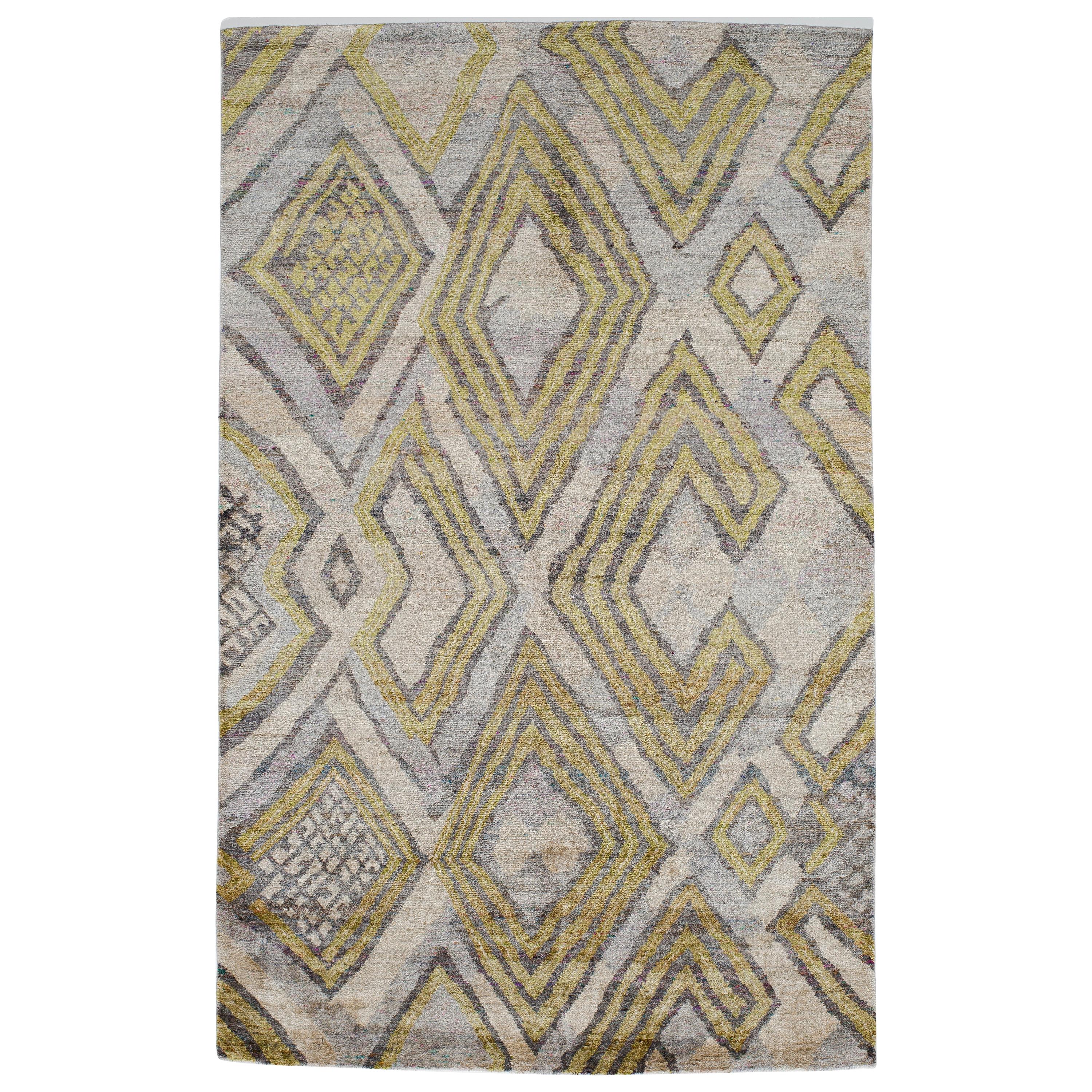 Silver White Lime Green Light Blue African Tribal Silk Hand Knotted Rug