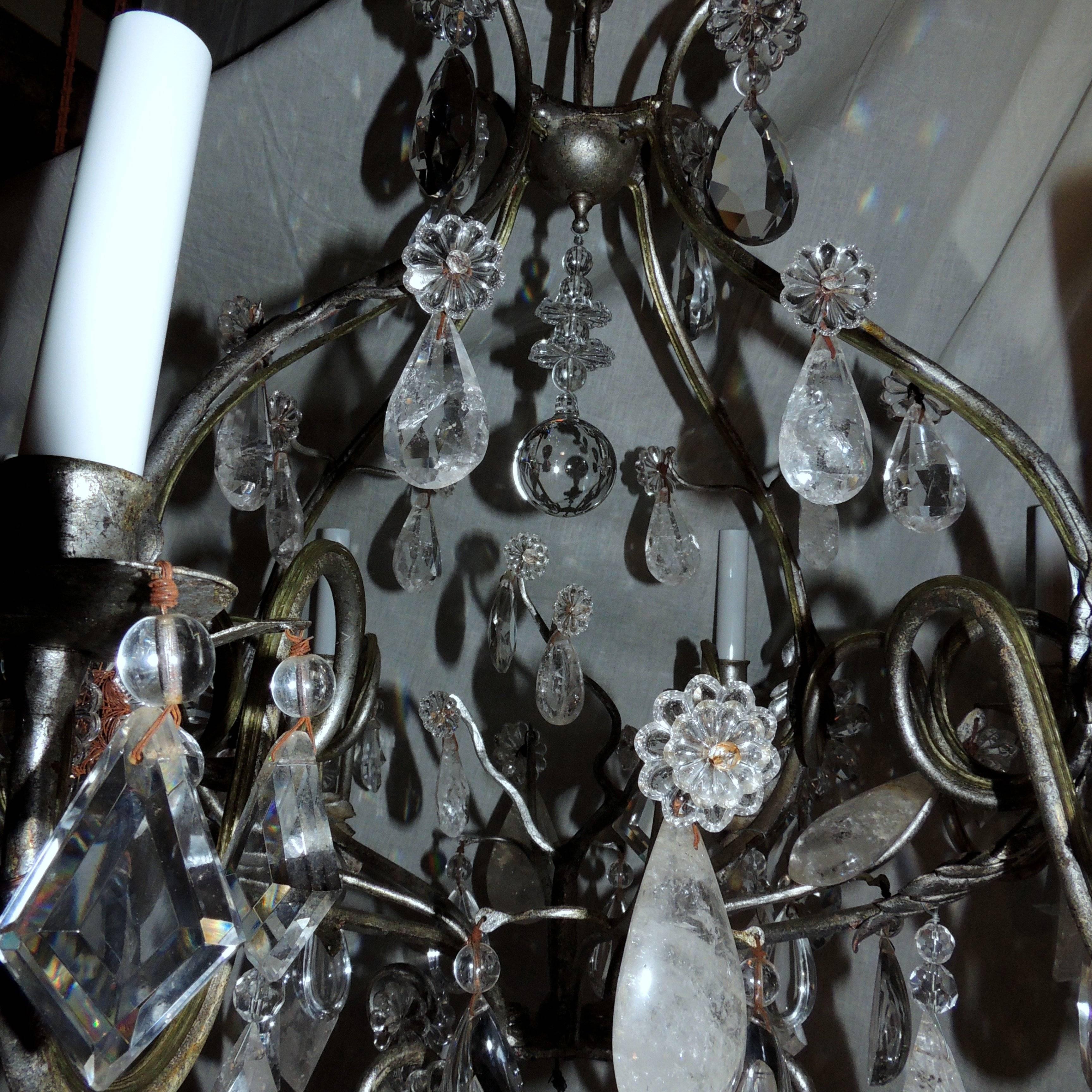 Mid-Century Modern Transitional Silvered Gilt Bagues Eight-Light Rock Crystal Jansen Chandelier For Sale