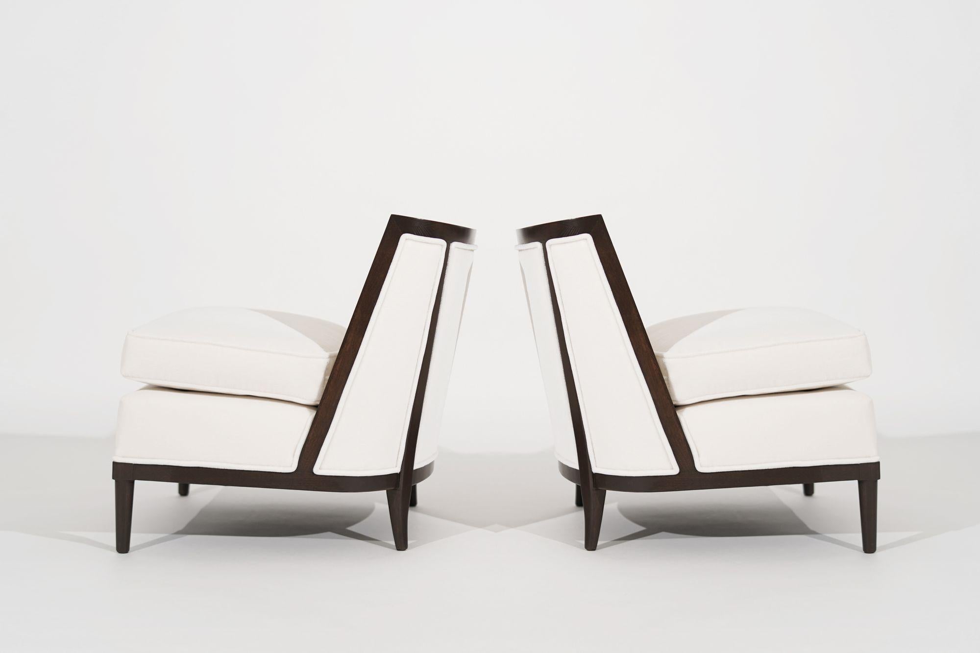 A set of transitional Mid-Century Modern slipper chairs, completely restored, exposed walnut framework. Reupholstered in ivory mohair by Holly Hunt.
 
Other designers from this era include Gio Ponti, Paul McCobb, George Nakashima, Jens Risom, and