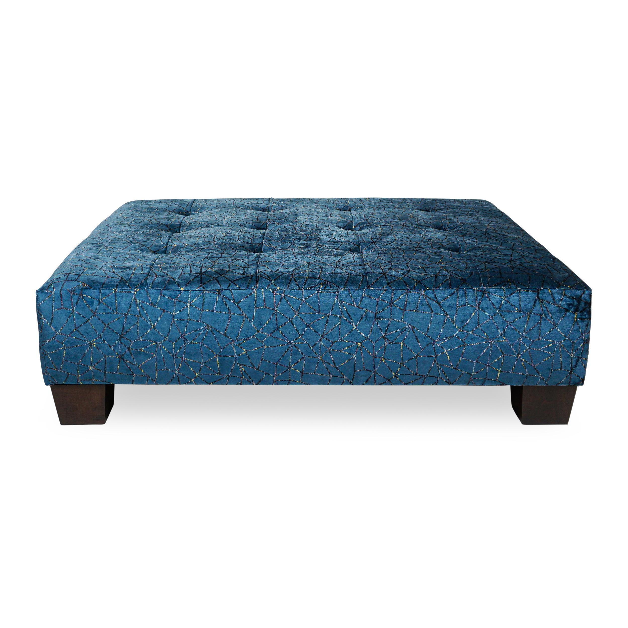 Modern Transitional Square Button Tufted Upholstered Ottoman w/ Wood Feet Customizable For Sale