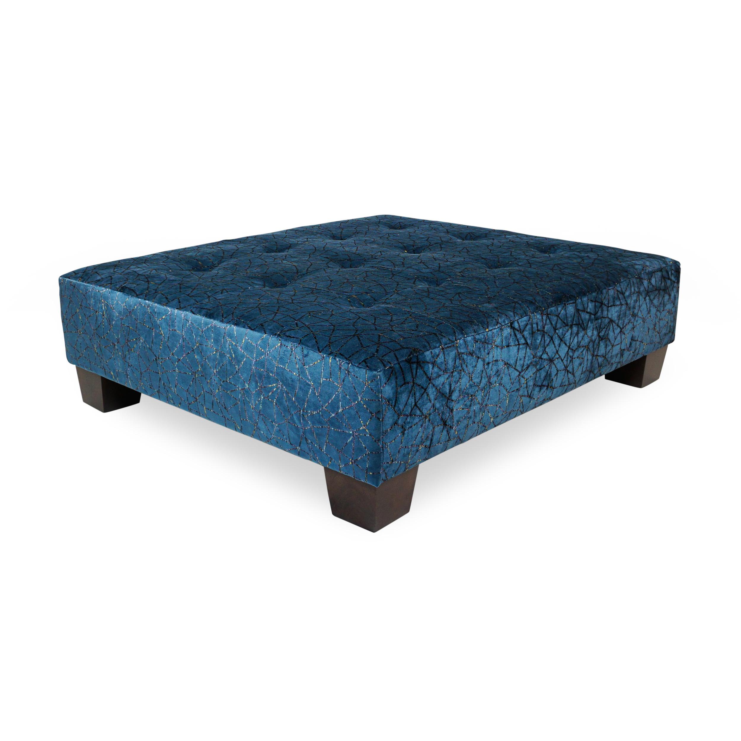 Stained Transitional Square Button Tufted Upholstered Ottoman w/ Wood Feet Customizable For Sale