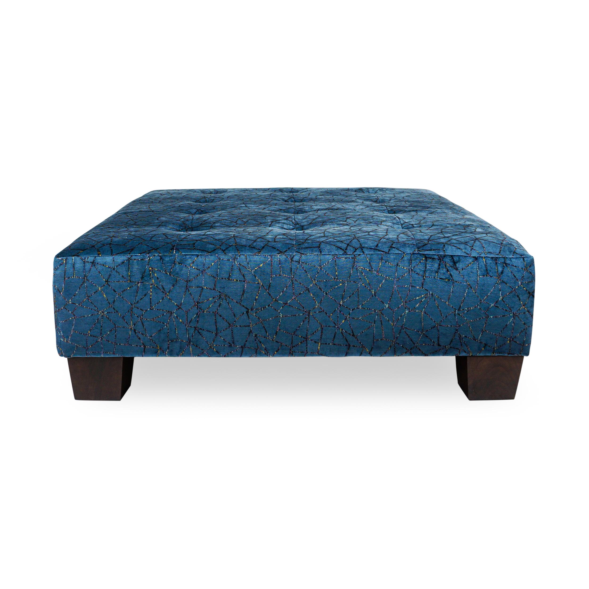 Velvet Transitional Square Button Tufted Upholstered Ottoman w/ Wood Feet Customizable For Sale