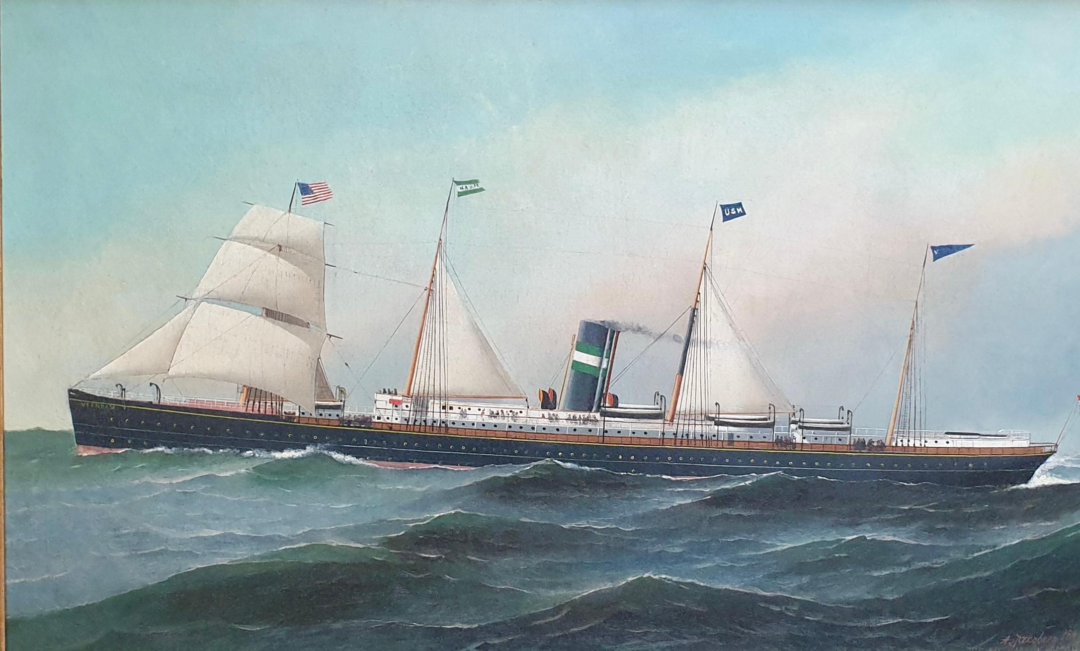 Oil on canvas signed lower right and dated 1891 with inscription 705 Palisade Ave West Hoboken.
Antonio Jacobsen was a well-known painter of maritime subjects in the late 19th and early 20th century. 
His paintings can be found in numerous