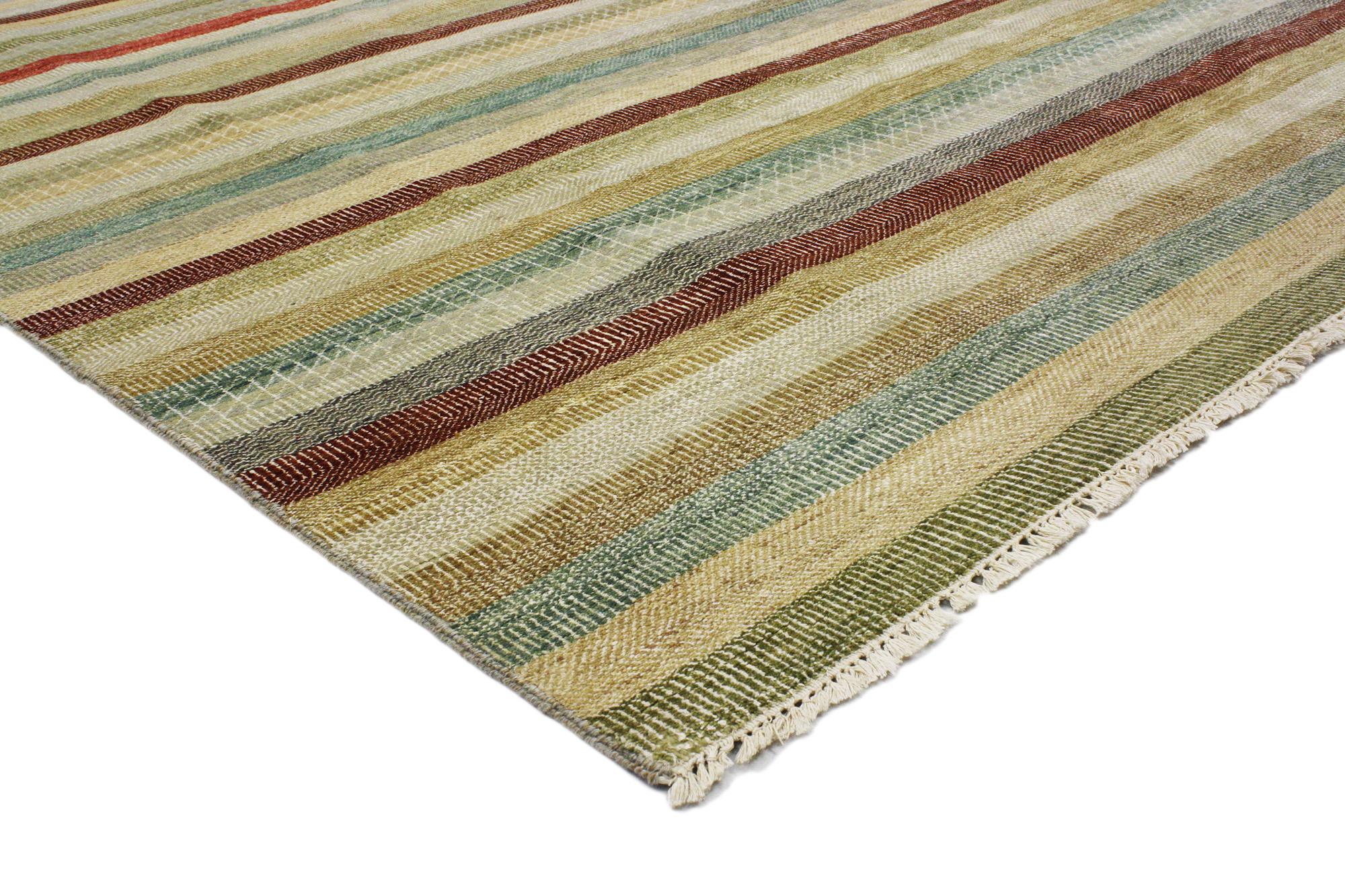 30282 Transitional Indian Striped Rug, 06'00 X 08'07. 
Emanating classic style with incredible detail and texture, this transitional striped Indian rug is a captivating vision of woven beauty. The show-stopping striped pattern and earth-tone colors