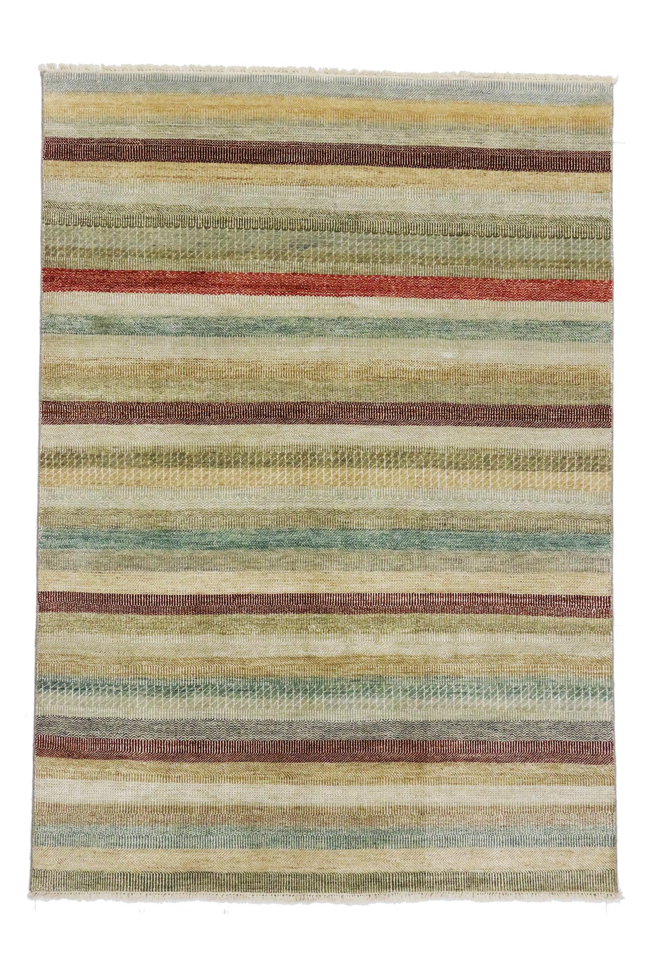 Modern Transitional Striped Indian Rug, Earth-Tone Elegance Collides with Classic Style For Sale