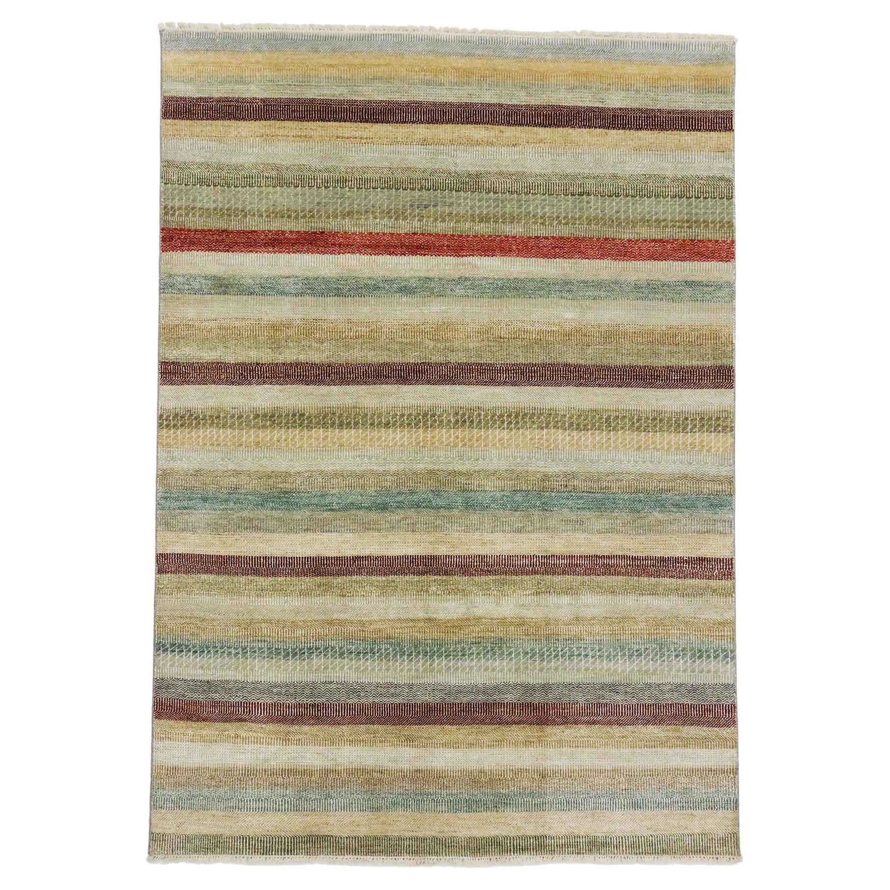 Transitional Striped Indian Rug, Earth-Tone Elegance Collides with Classic Style For Sale