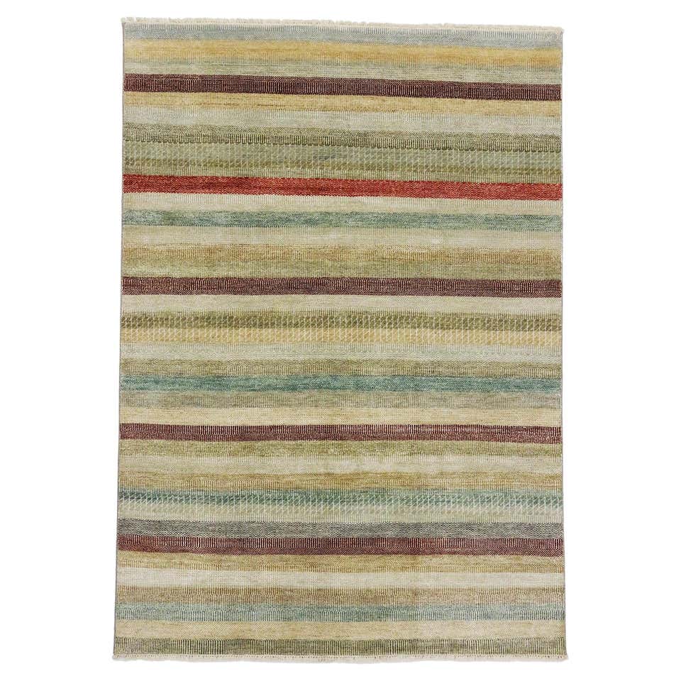 Hand-Knotted Shekarloo Wool Rug with Striped Pattern in Earth Tones, 3 ...