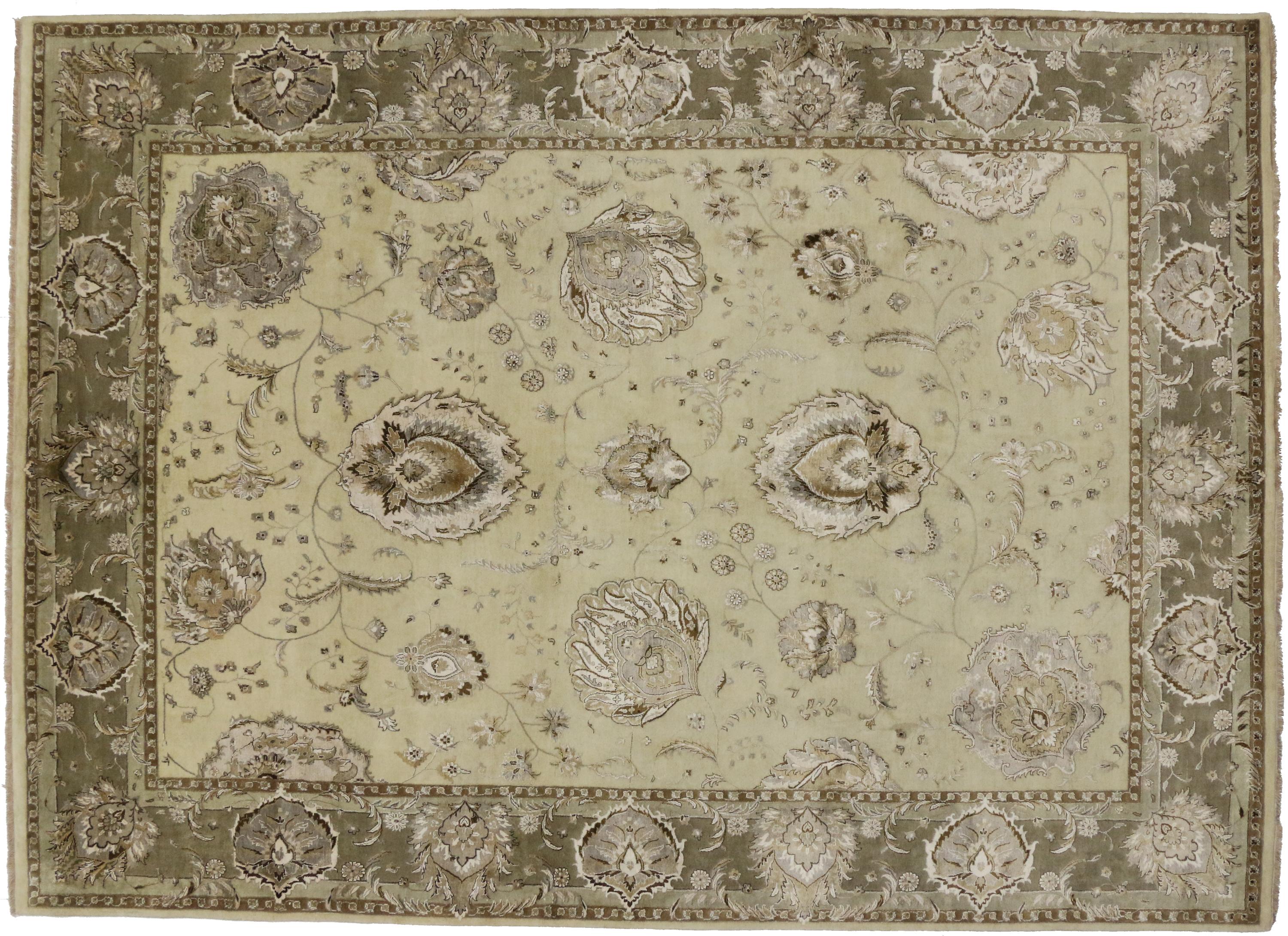 Hand-Knotted Transitional Style Area Rug with Oushak Design and Neutral Colors For Sale