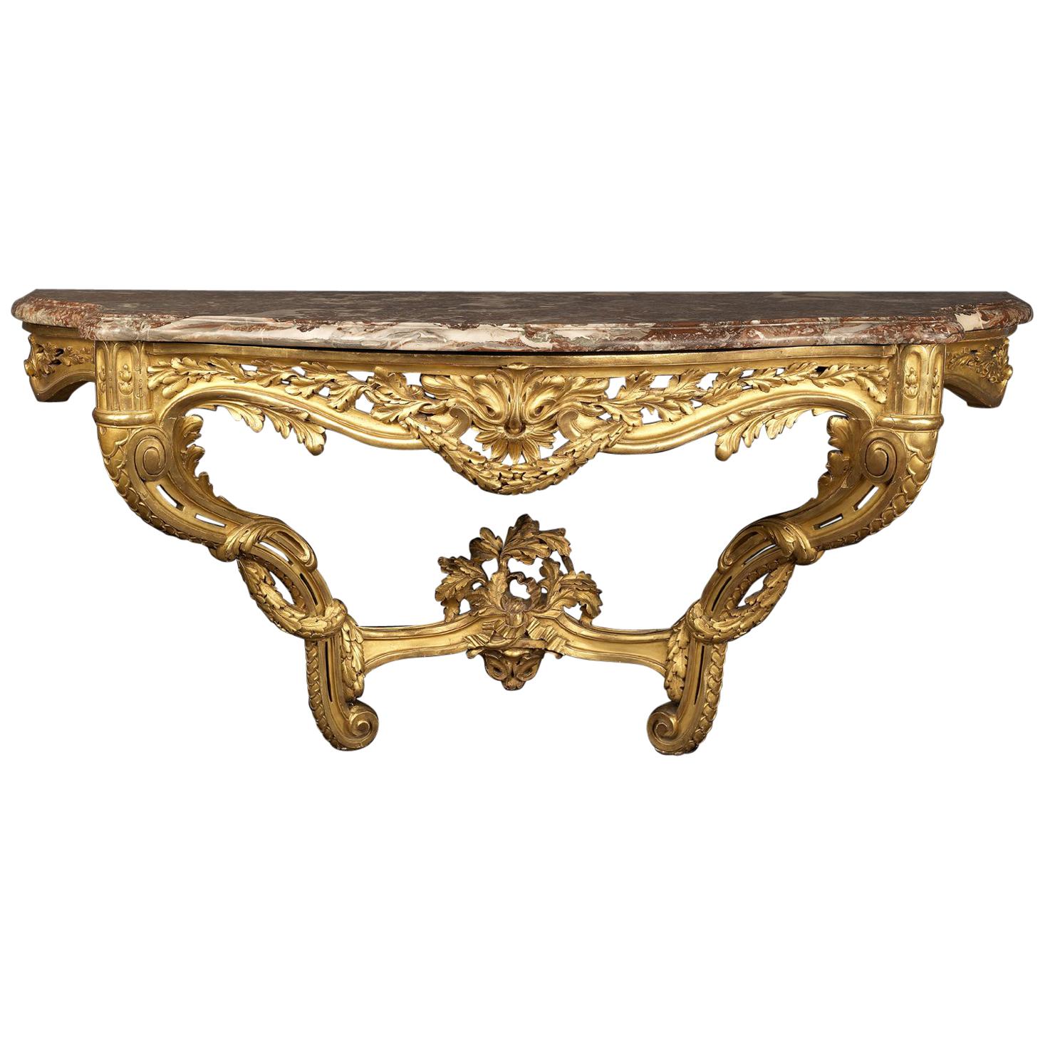 Tavolo consolle in legno dorato intagliato in stile transitorio con piano in marmo, 1880 circa