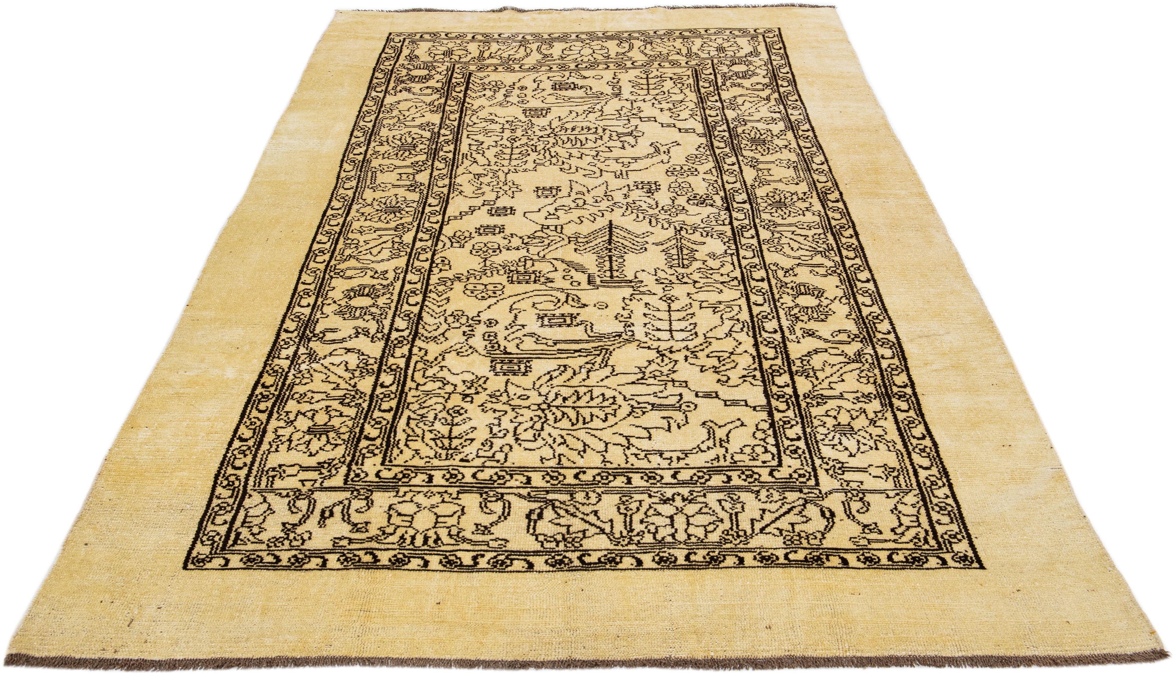 Modern Transitional Style Handmade Tan Wool Rug with Allover Design by Apadana For Sale