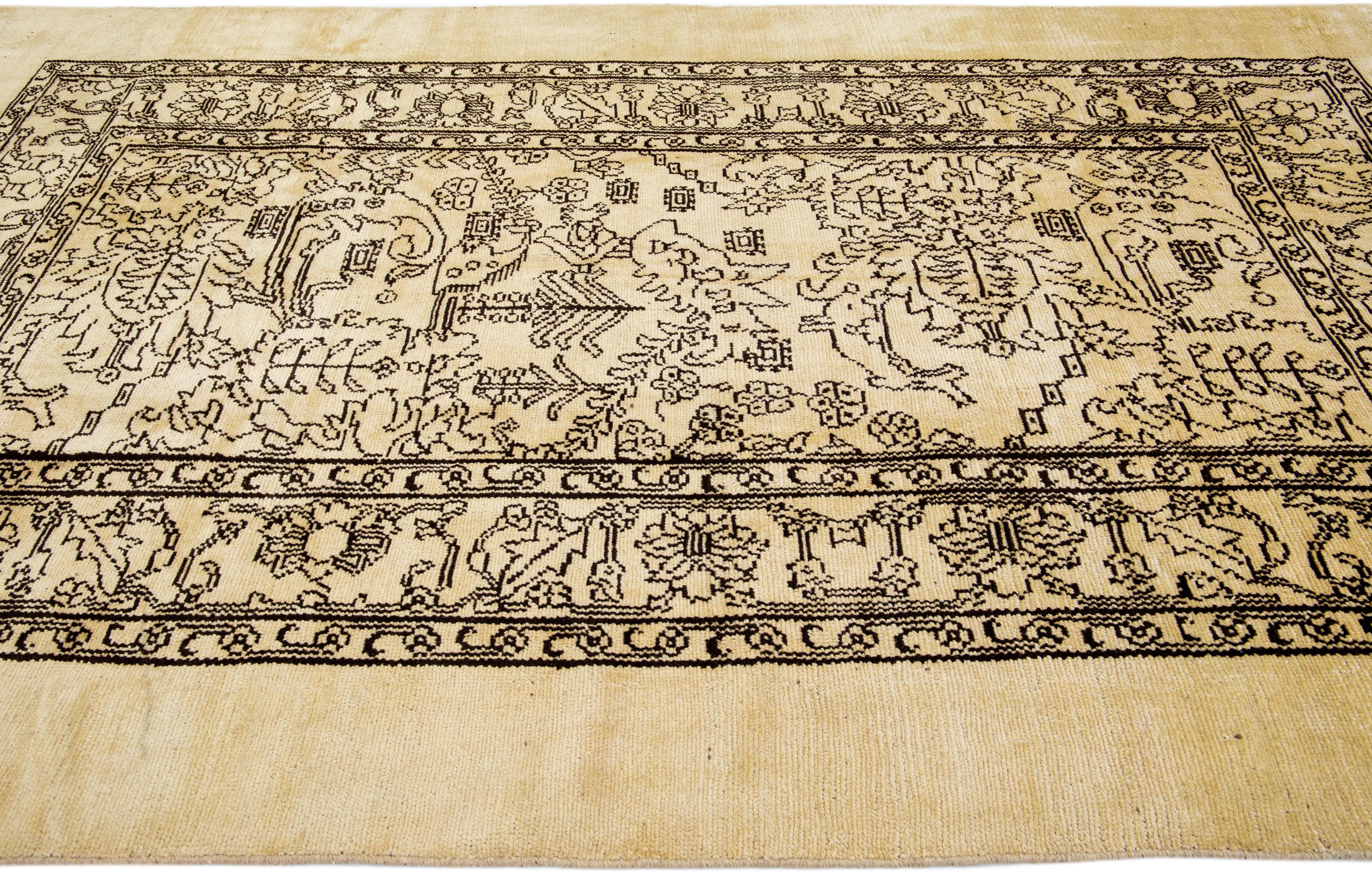 Hand-Knotted Transitional Style Handmade Tan Wool Rug with Allover Design by Apadana For Sale