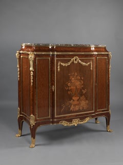 Transitional Style Marquetry-Inlaid Side Cabinet with a Marble Top, Dated 1912