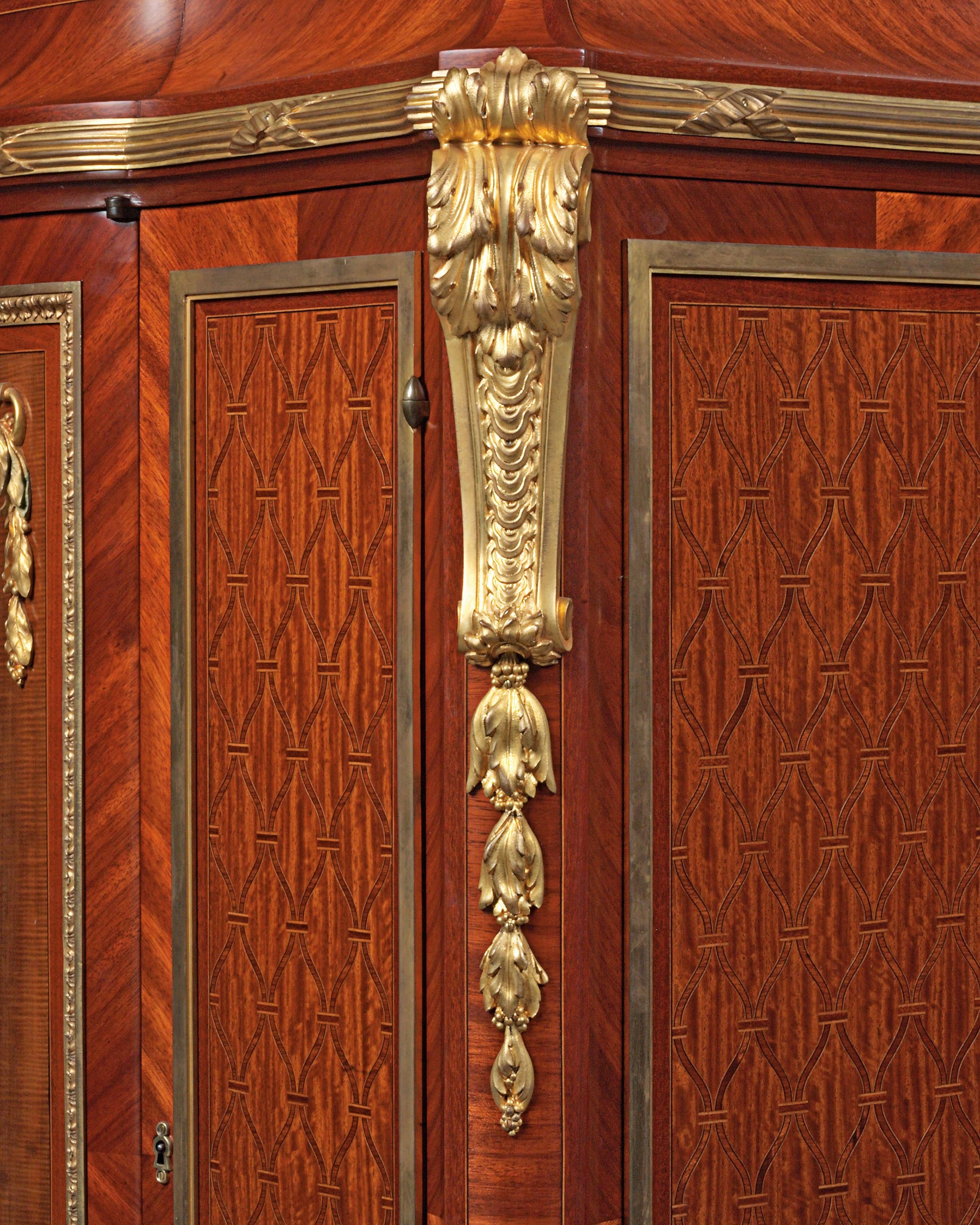 French Transitional Style Marquetry-Inlaid Side Cabinet with a Marble Top, Dated 1912 For Sale