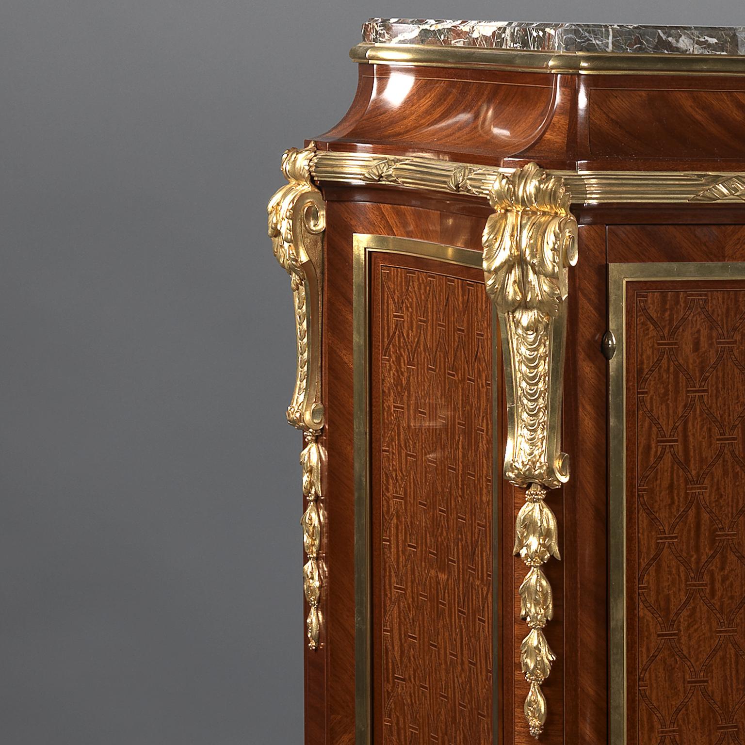 Gilt Transitional Style Marquetry-Inlaid Side Cabinet with a Marble Top, Dated 1912 For Sale
