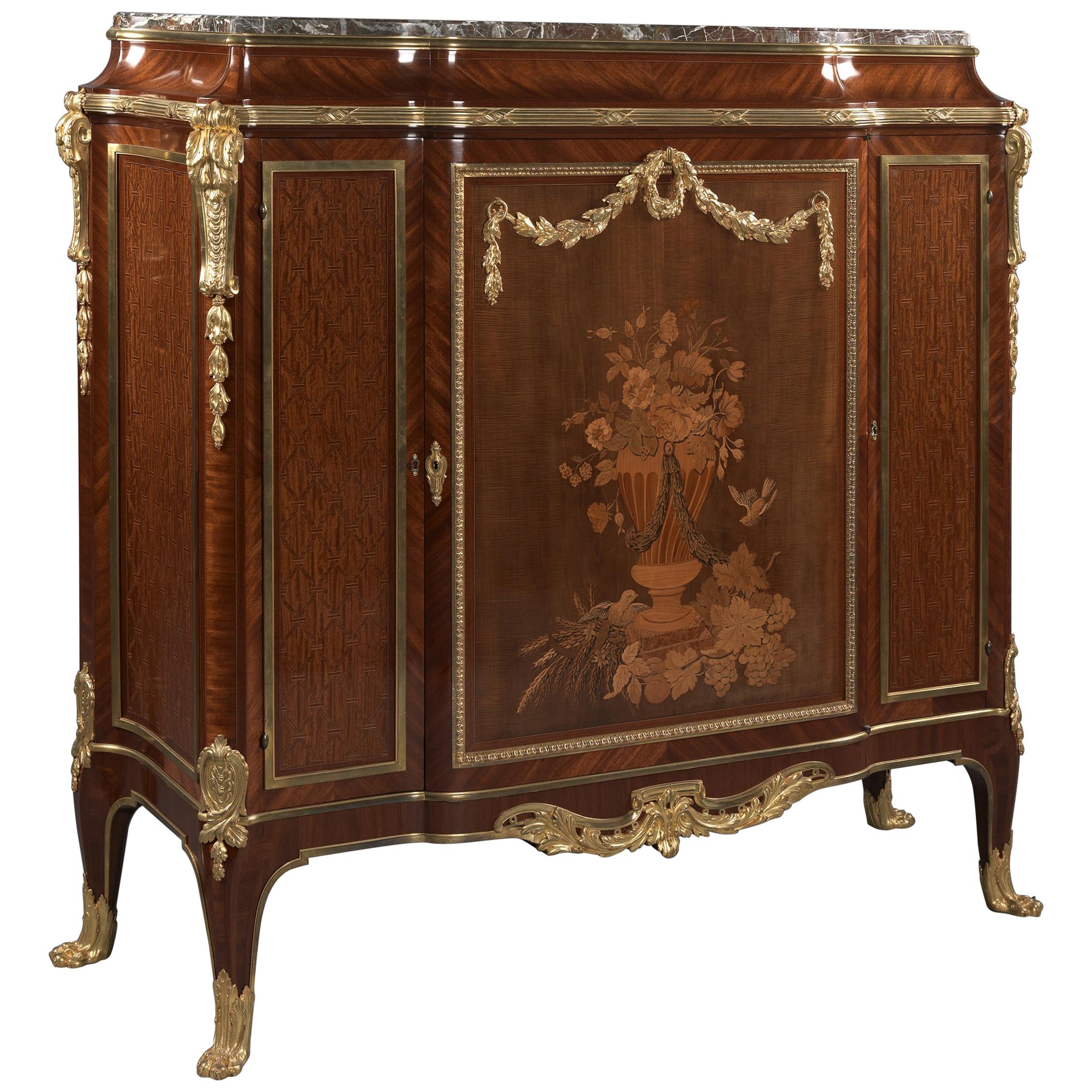 Transitional Style Marquetry-Inlaid Side Cabinet with a Marble Top, Dated 1912 For Sale
