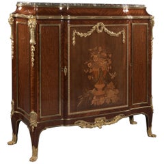 Transitional Style Marquetry-Inlaid Side Cabinet with a Marble Top, Dated 1912