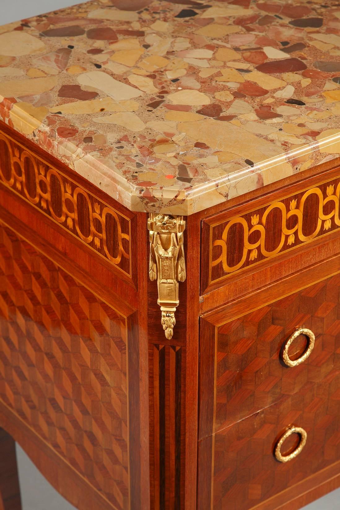 Gilt Transitional Style Ormolu-Mounted Marquetry Commode, 19th Century For Sale