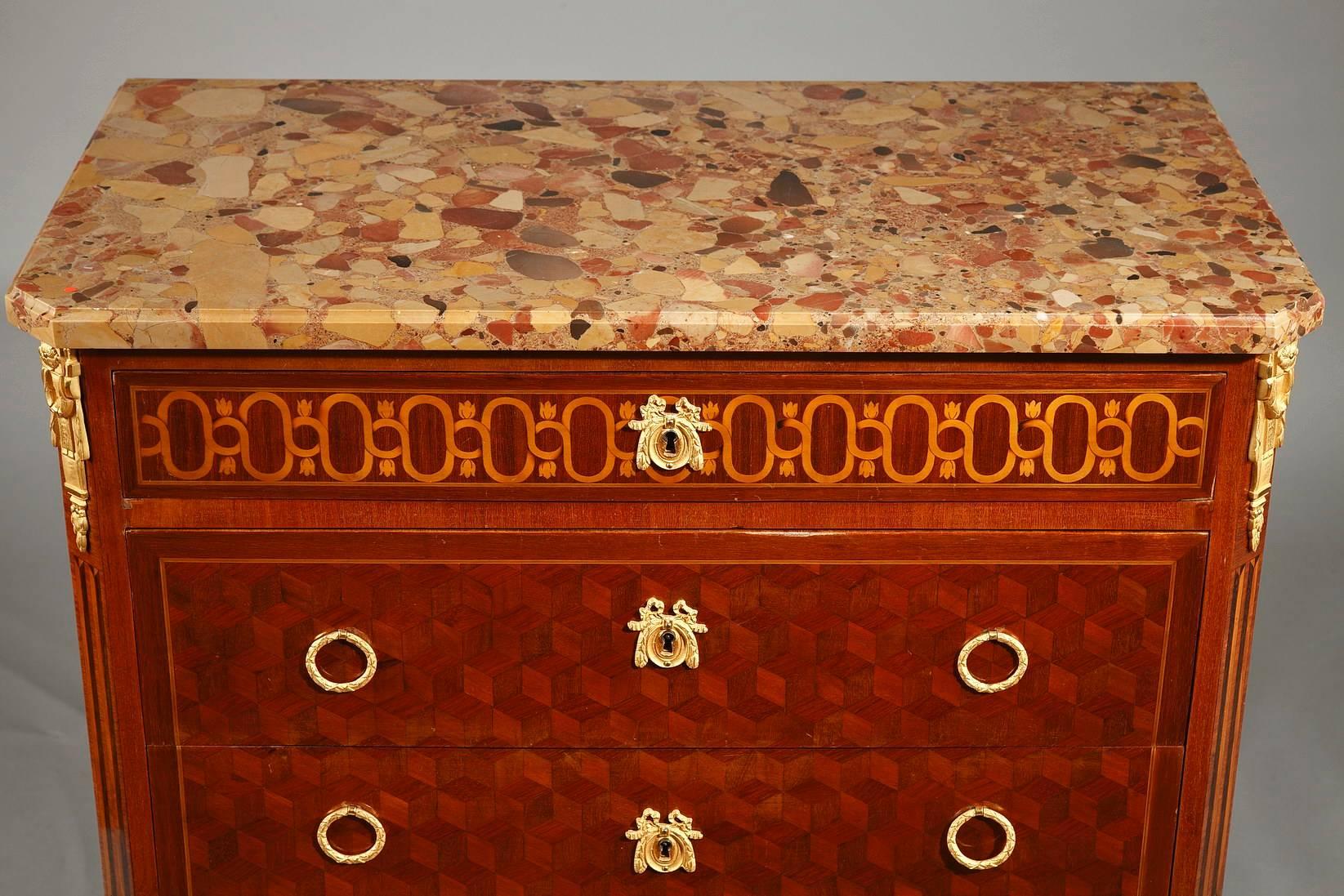 Transitional Style Ormolu-Mounted Marquetry Commode, 19th Century In Good Condition For Sale In Paris, FR