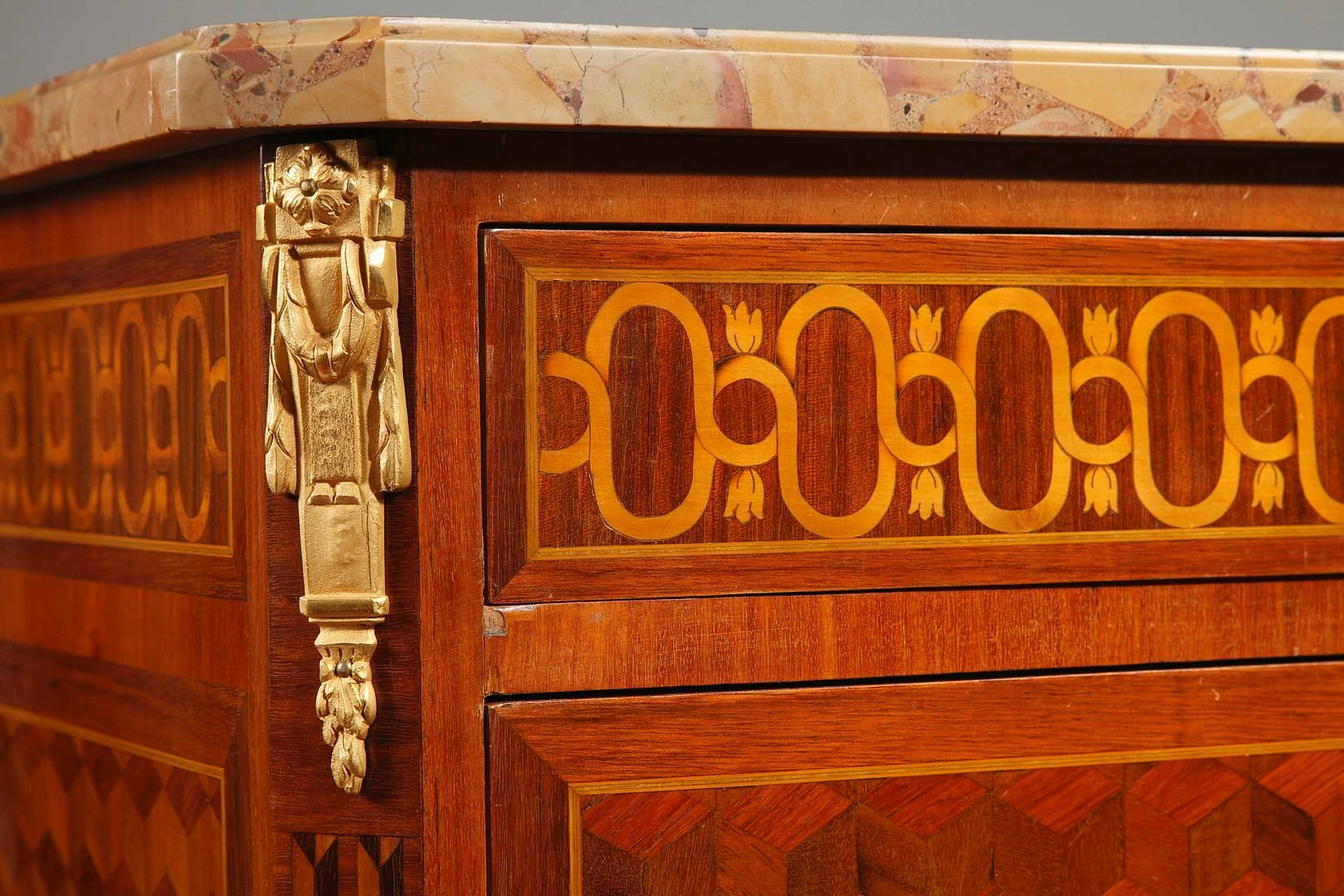 Late 19th Century Transitional Style Ormolu-Mounted Marquetry Commode, 19th Century For Sale