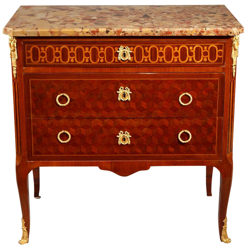 Transitional Style Ormolu-Mounted Marquetry Commode, 19th Century For Sale