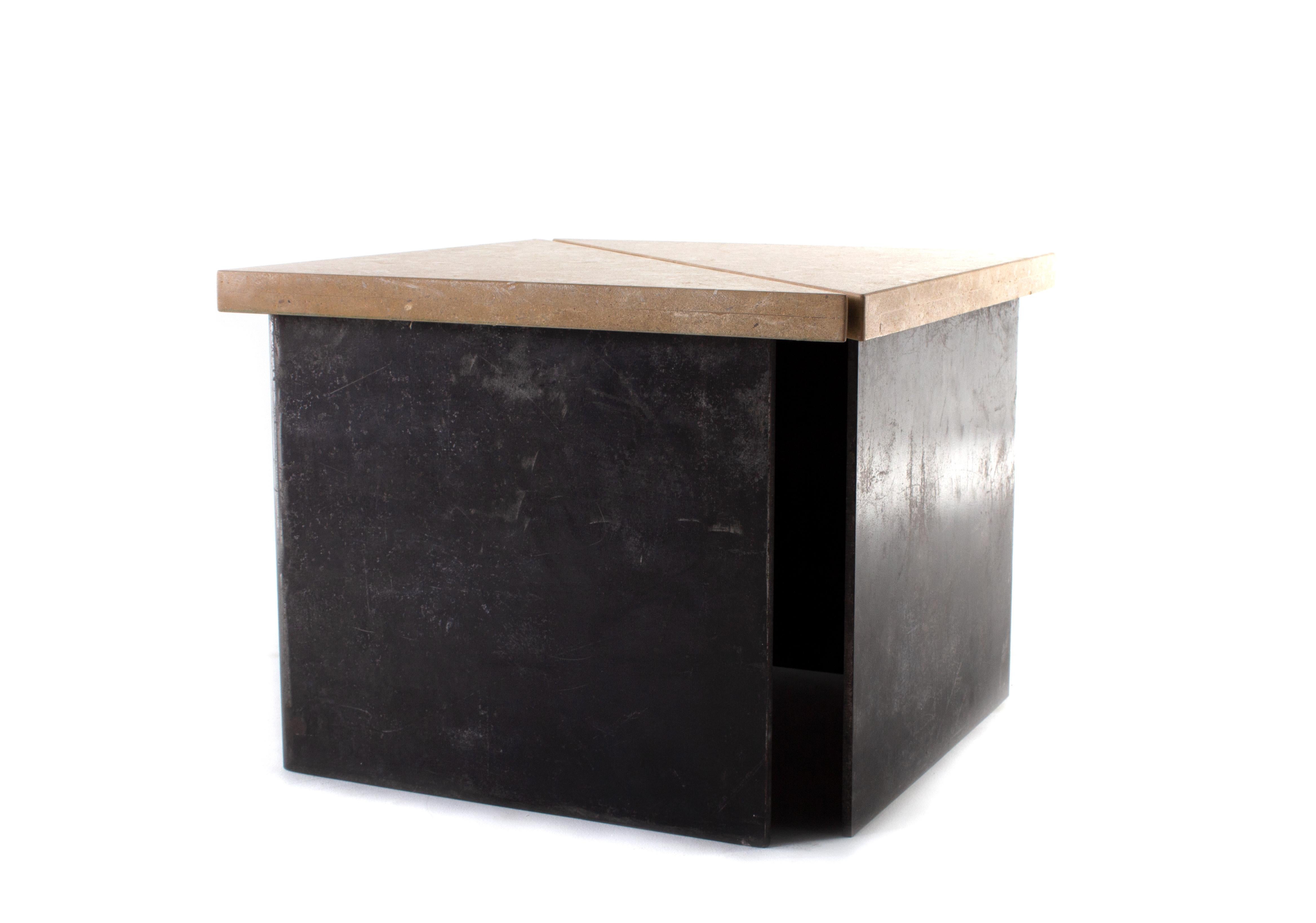 Transitional style right Angle steel end table with Jura gray stone top.