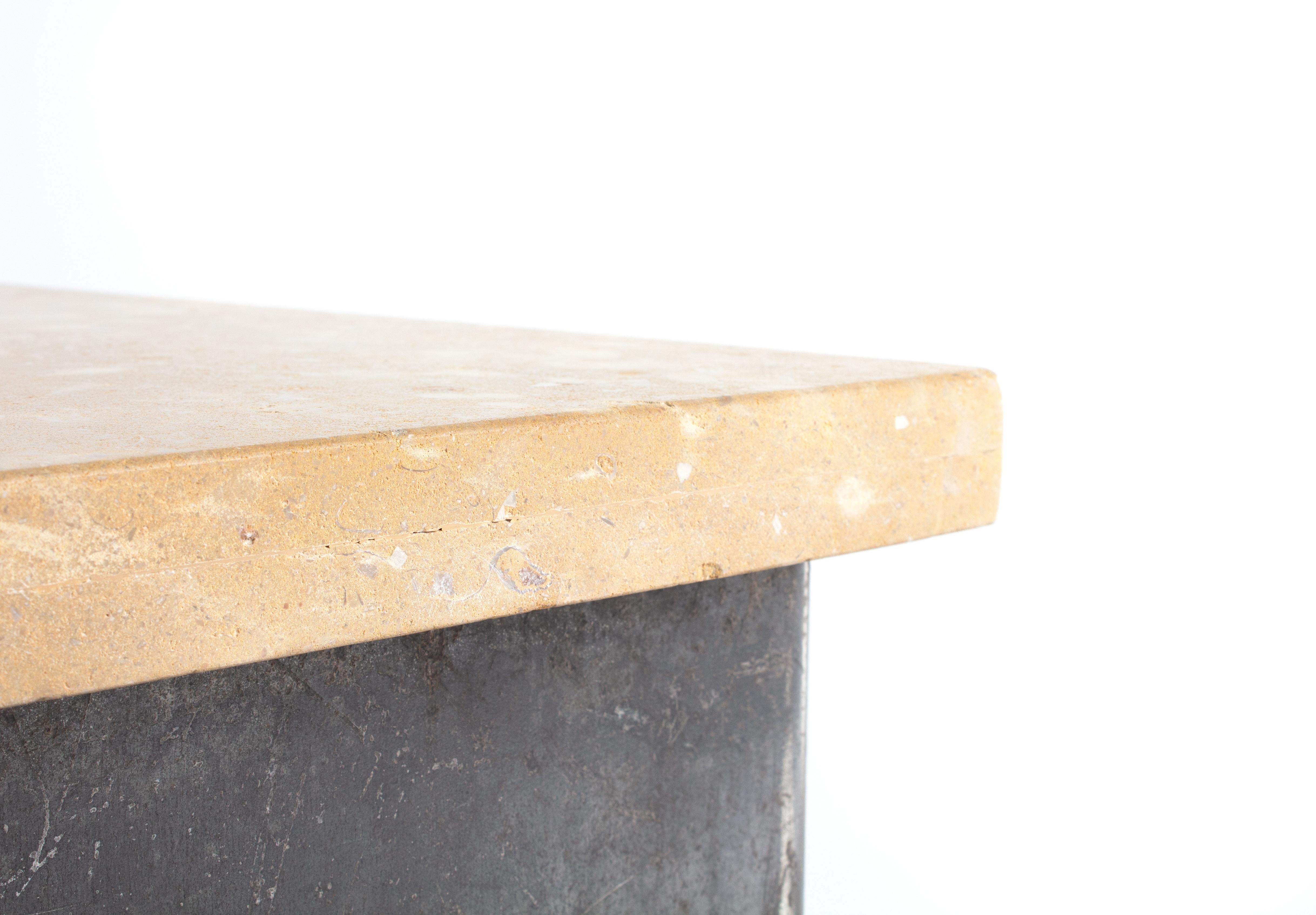Industrial Transitional Style Right Angle Steel End Table with Jura Gray Stone Top