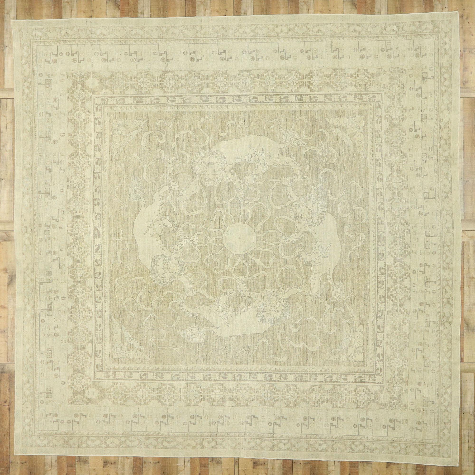 Transitional Style Rug with Khotan and Chinese Foo Dog Design, Square Rug 2