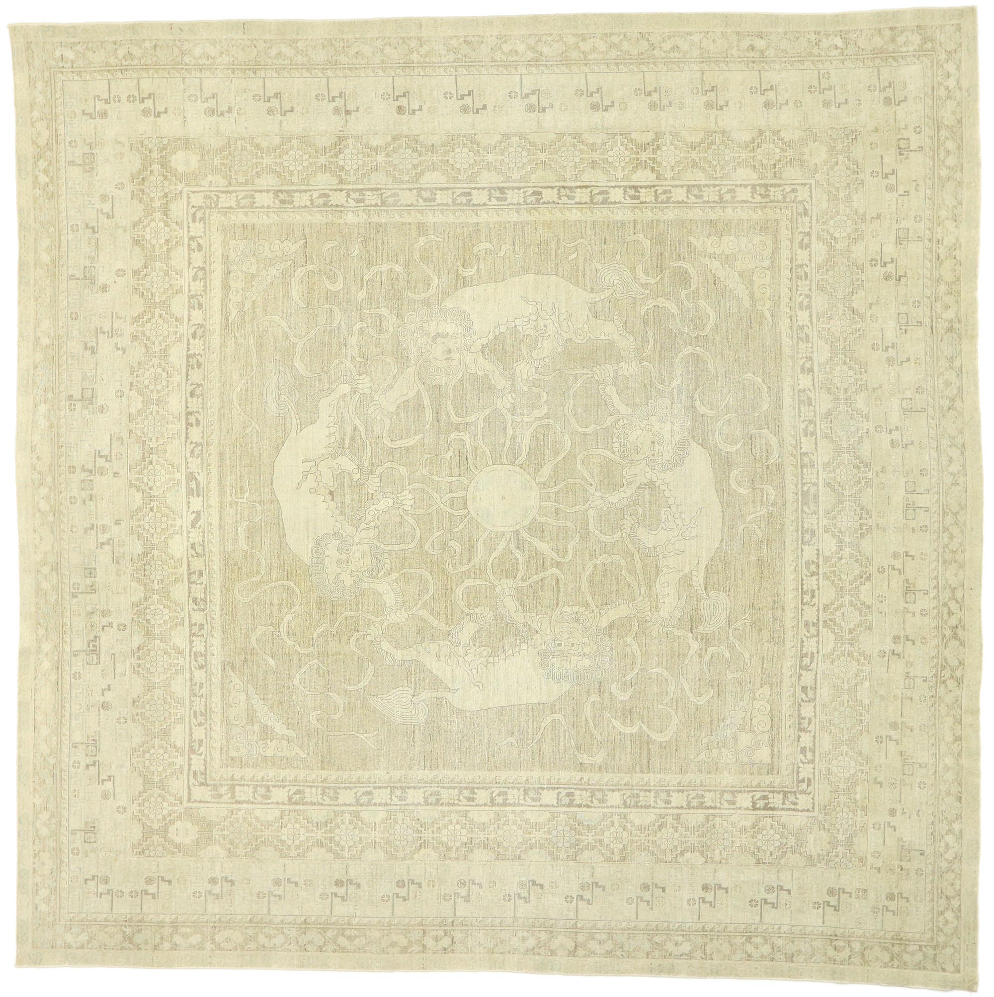 Transitional Style Rug with Khotan and Chinese Foo Dog Design, Square Rug 3