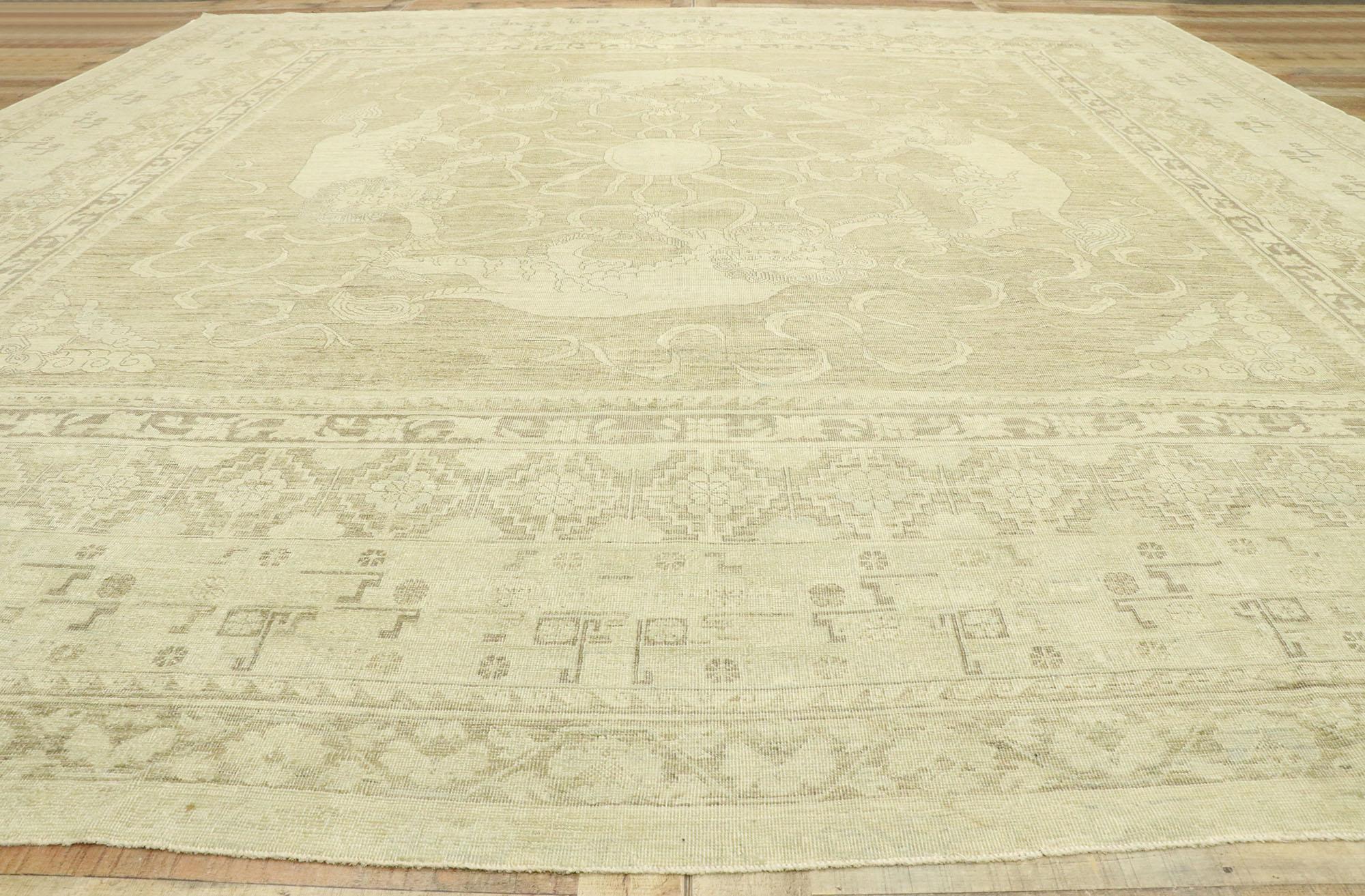 Transitional Style Rug with Khotan and Chinese Foo Dog Design, Square Rug 1