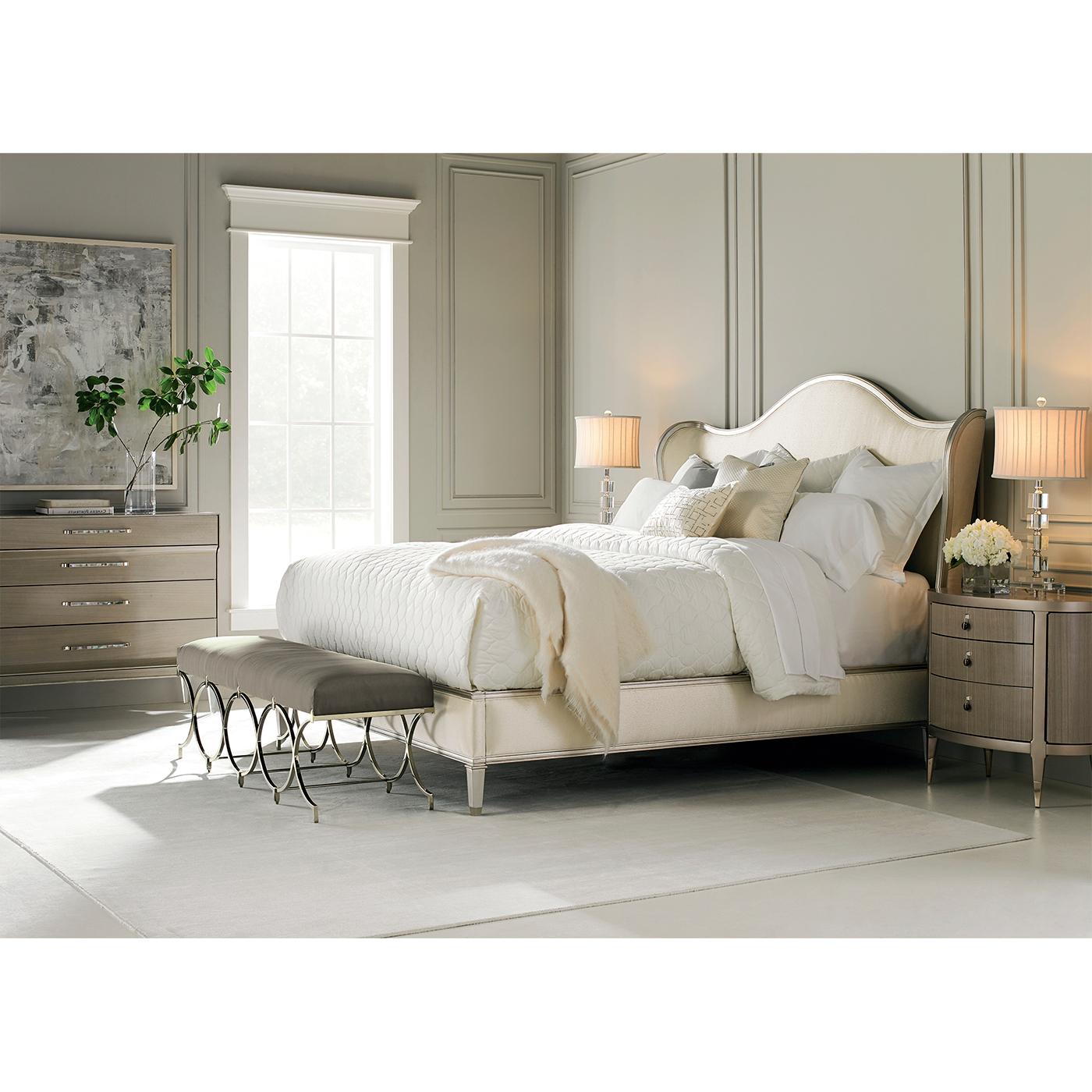 Asian Transitional Style Upholstered King Bed For Sale