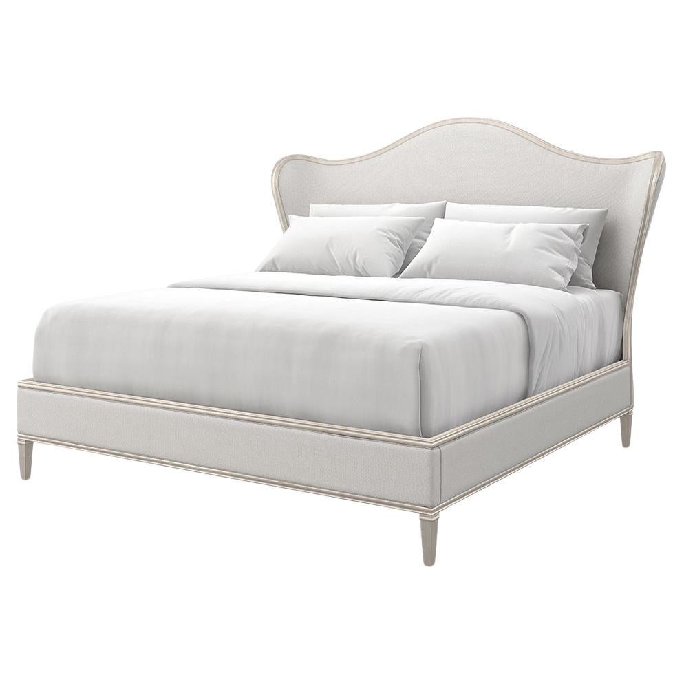 Transitional Style Upholstered King Bed in Silver For Sale