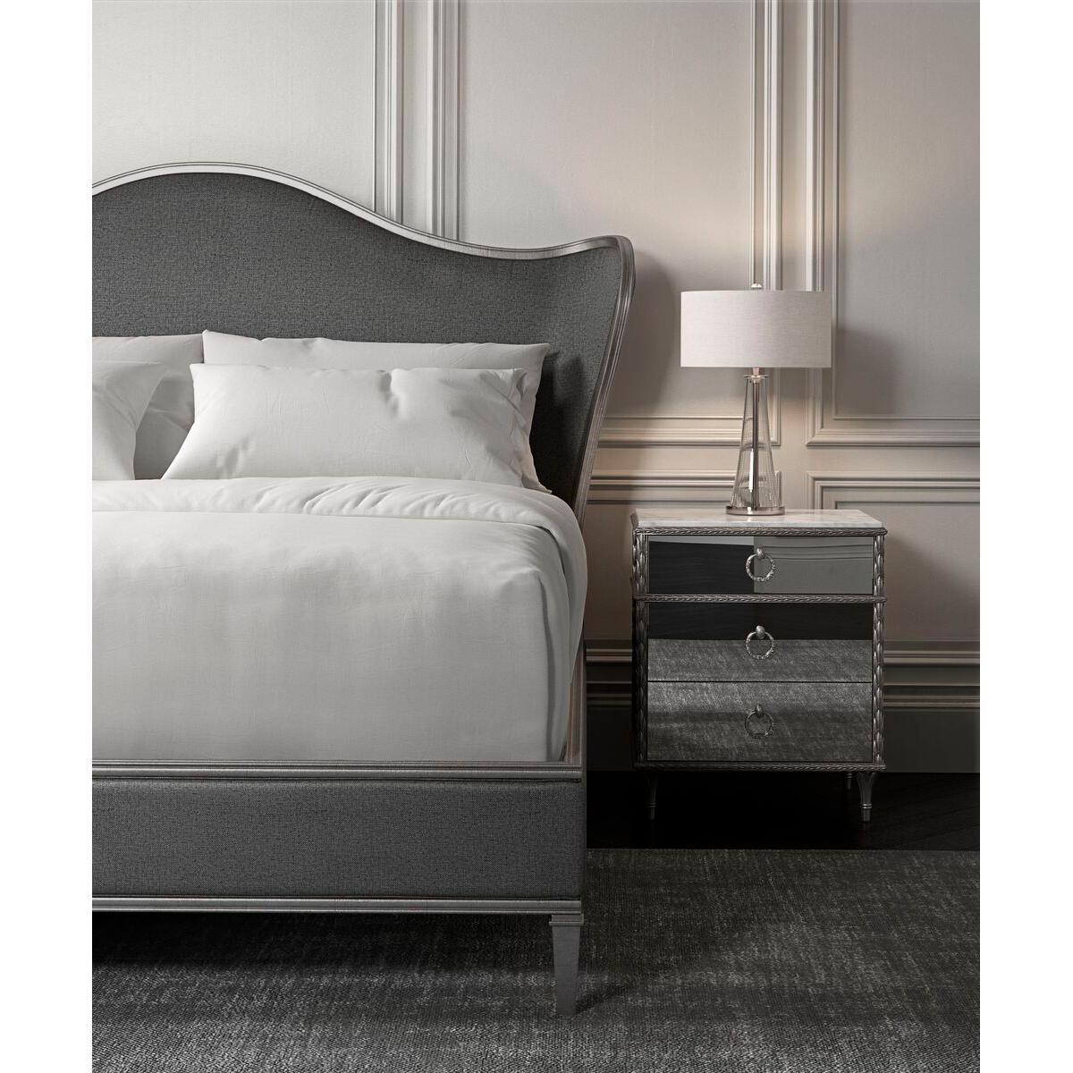 Modern Transitional Style Upholstered King Bed - Sea Smoke For Sale