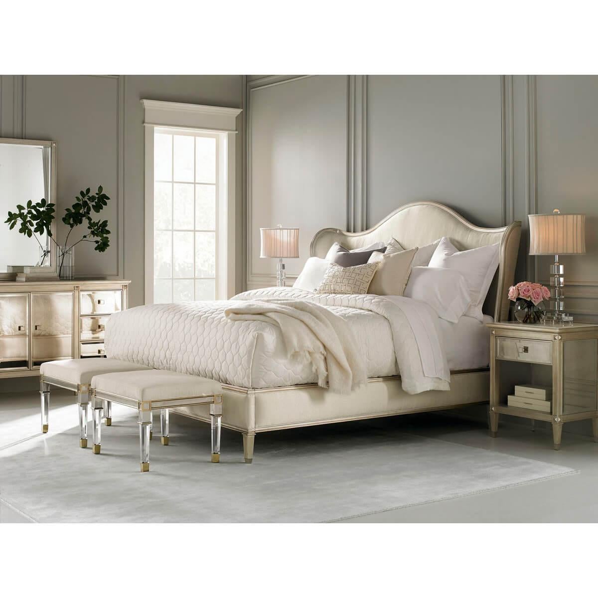 Wood Transitional Style Upholstered Queen Bed For Sale