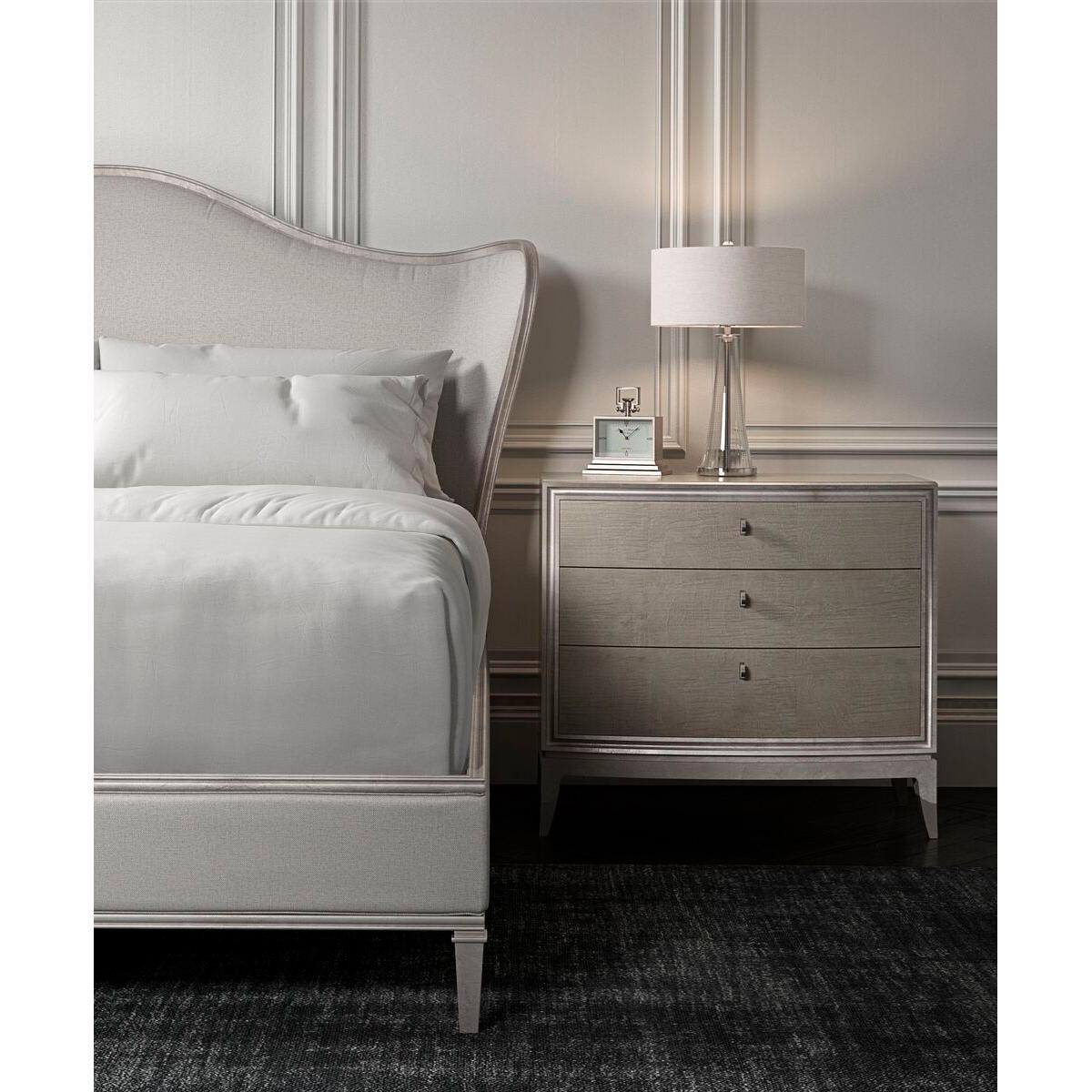 Modern Transitional Style Upholstered Queen Bed in Silver For Sale