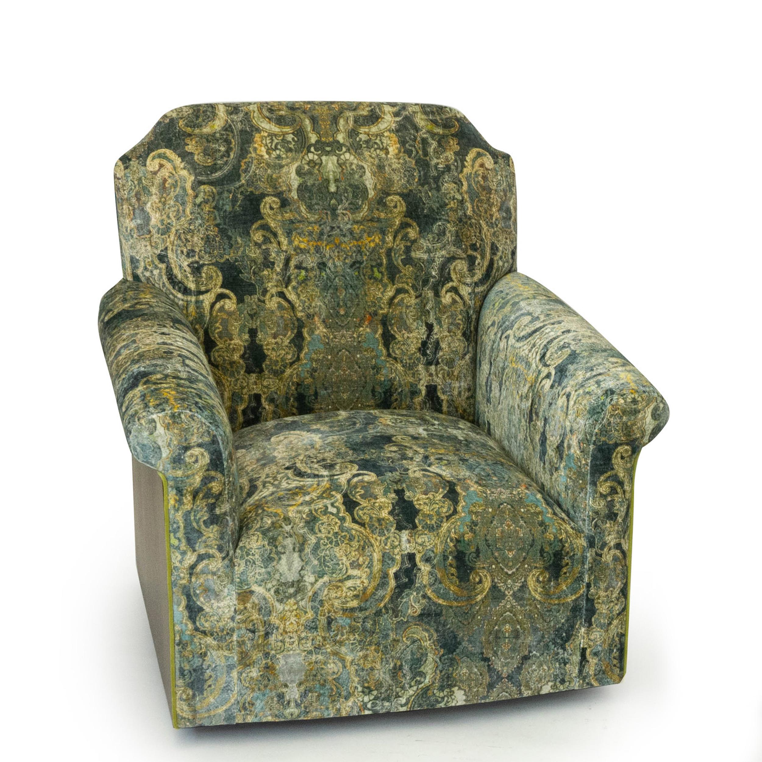 This is a new transitional swivel chair that rotates a full 360 degrees. The interior is upholstered in a velvet Damask print fabric while the outer back is covered with a walnut veneer. The solid maple frame with tight back and firm foam seat