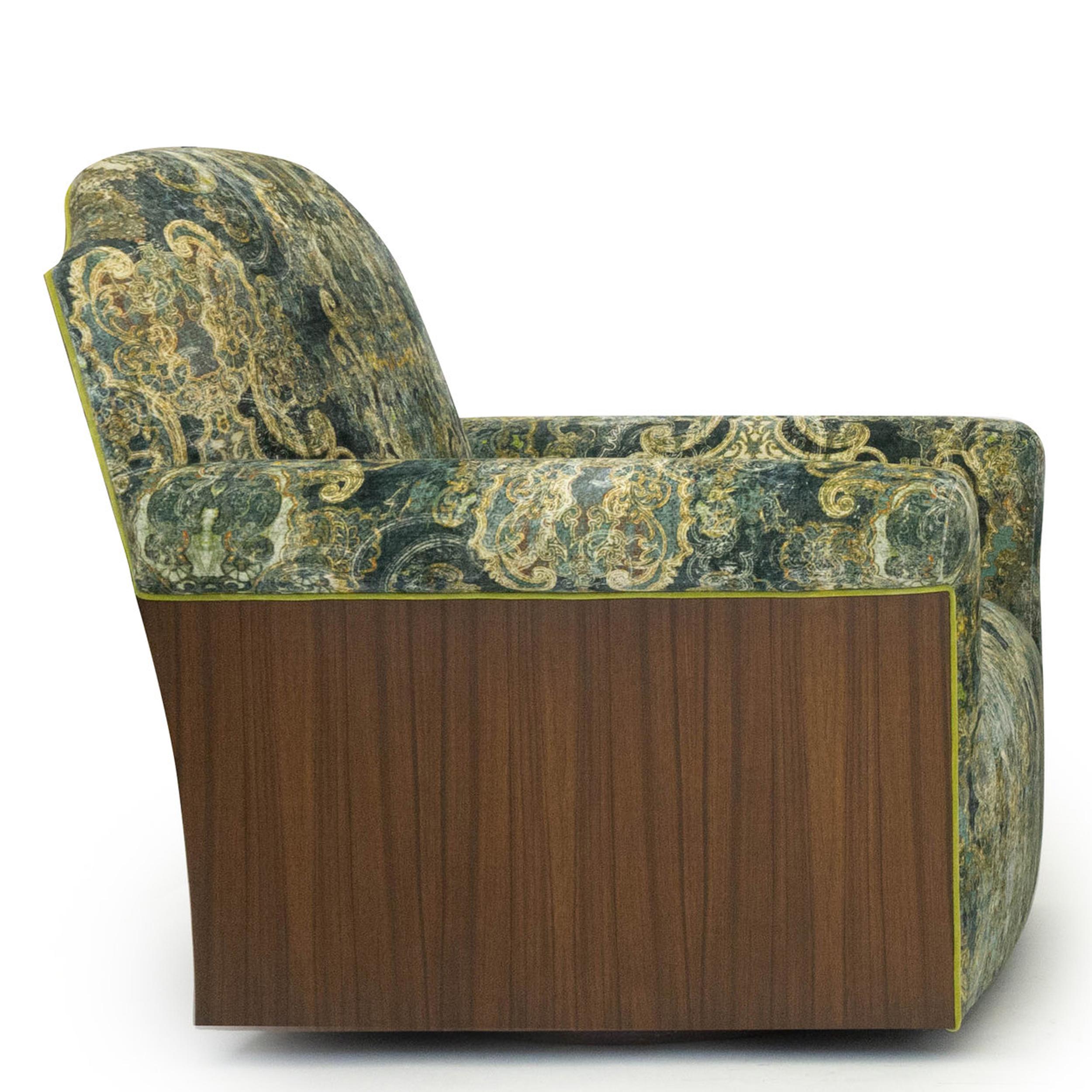 Modern Transitional Swivel Chair in Velvet Damask and Walnut Veneer For Sale
