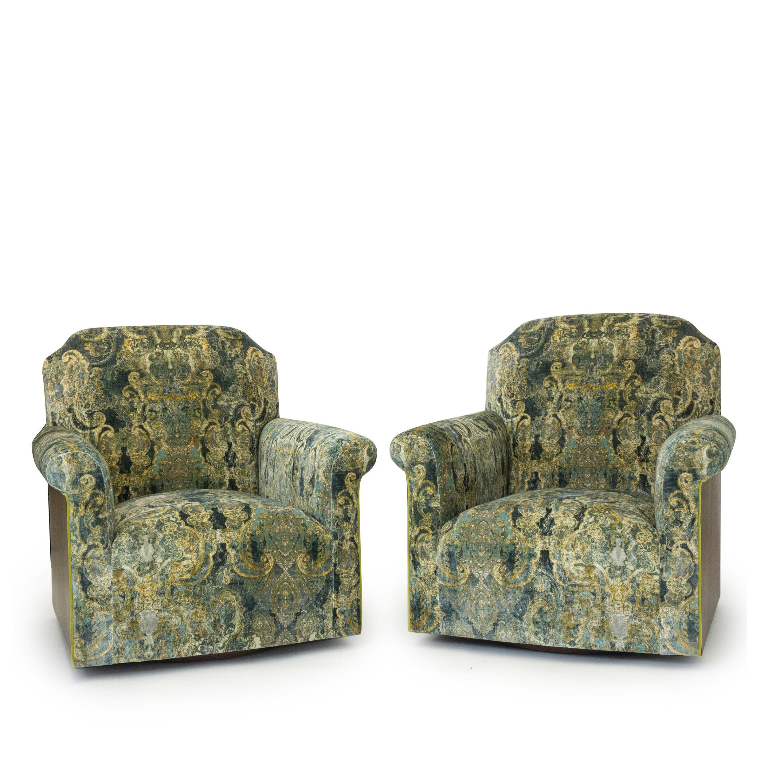 Contemporary Transitional Swivel Chair in Velvet Damask and Walnut Veneer For Sale