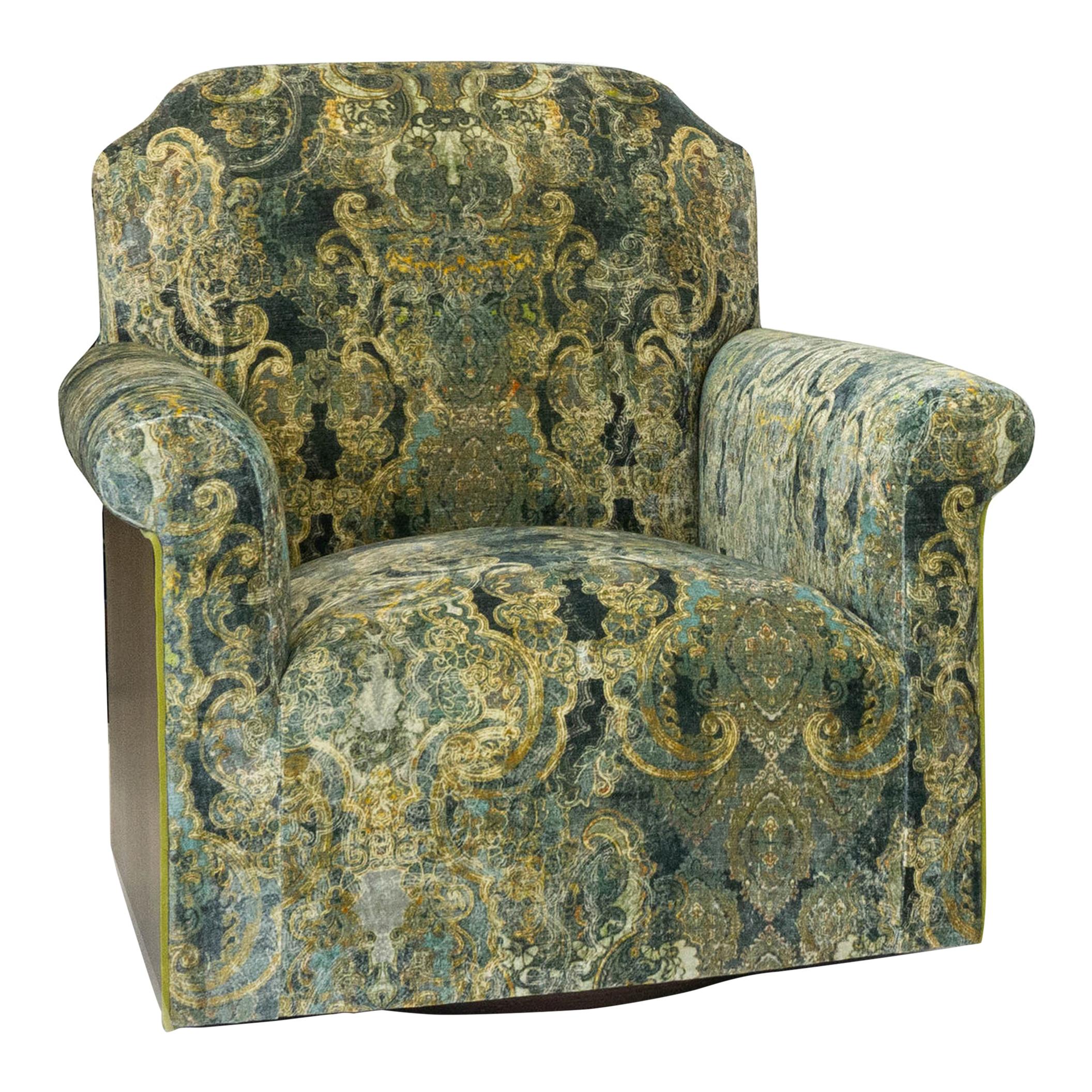 Transitional Swivel Chair in Velvet Damask and Walnut Veneer For Sale