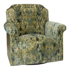 Transitional Swivel Chair in Velvet Damask and Walnut Veneer