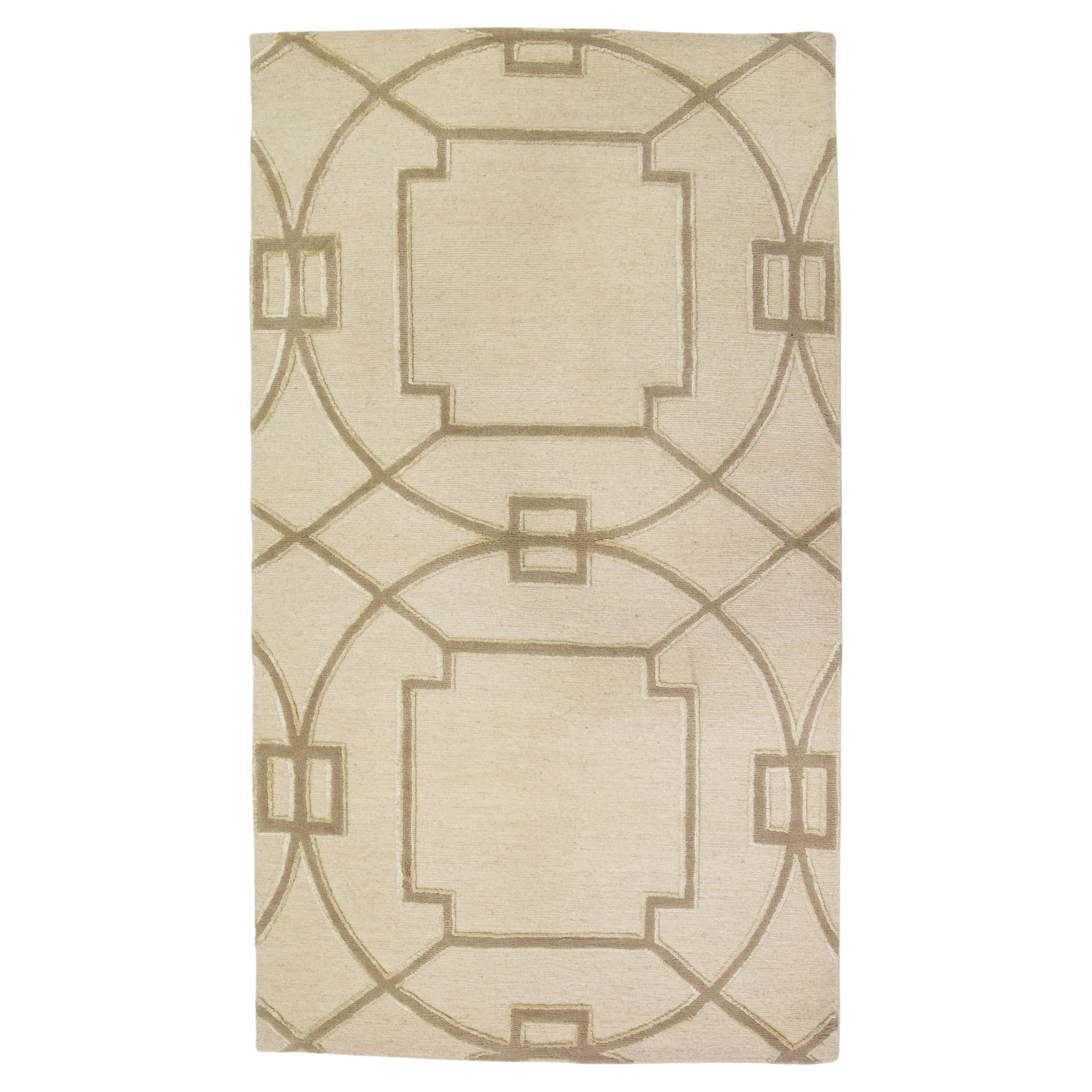 Transitional Tibetan Wool & Silk Rug In Beige Color
