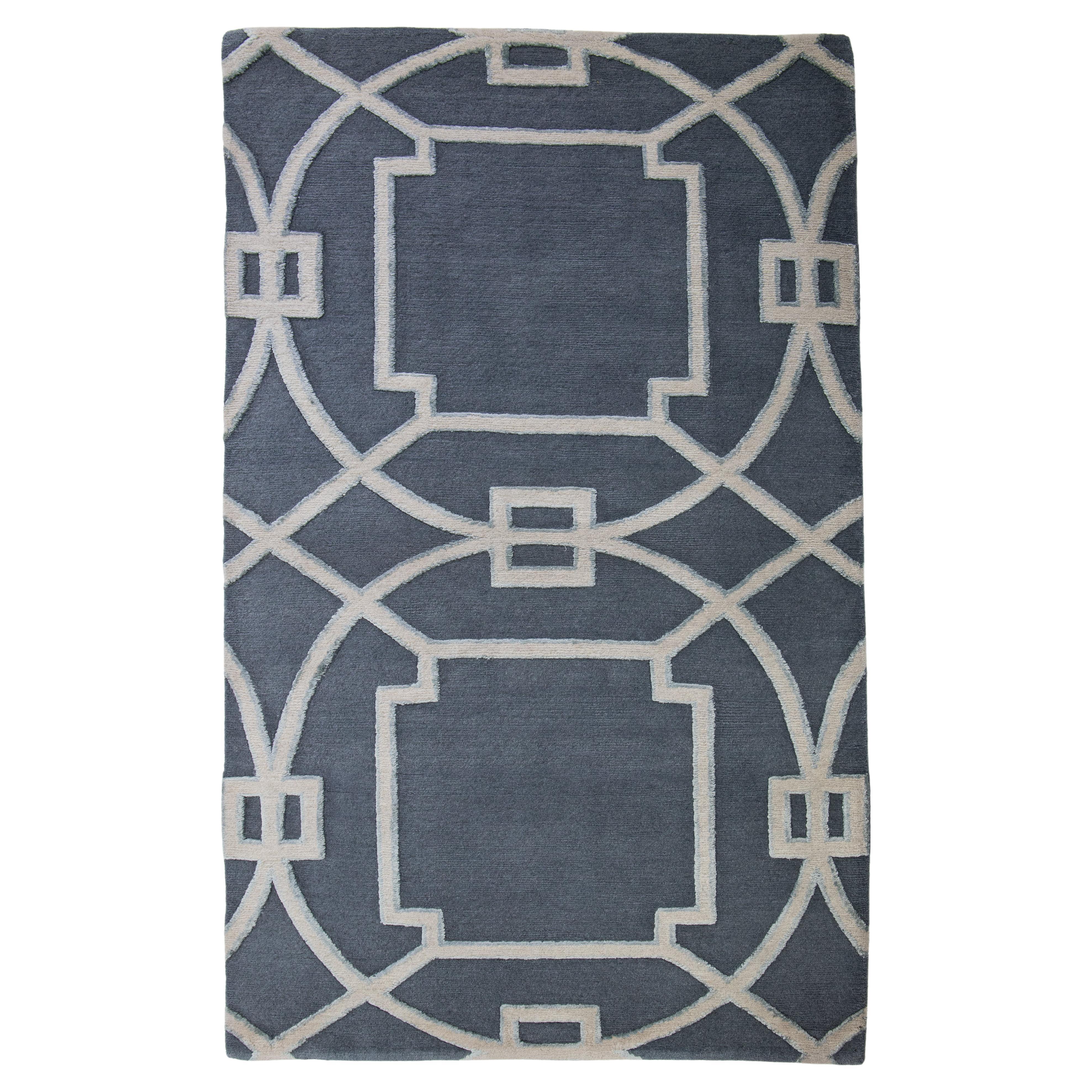 Transitional Tibetan Wool & Silk Rug In Blue/Gray Color For Sale