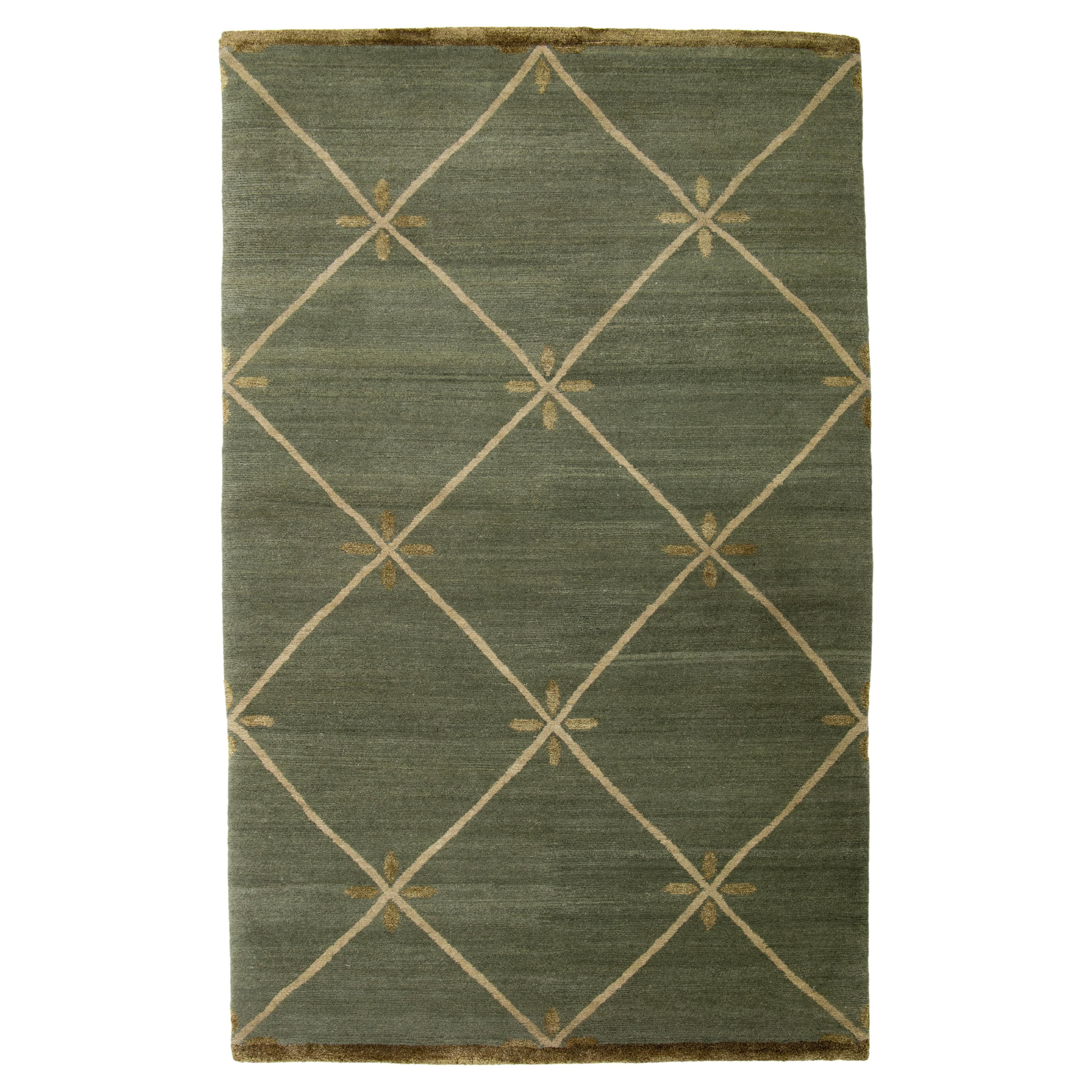 Transitional Tibetan Wool & Silk Rug In Green Sage Color