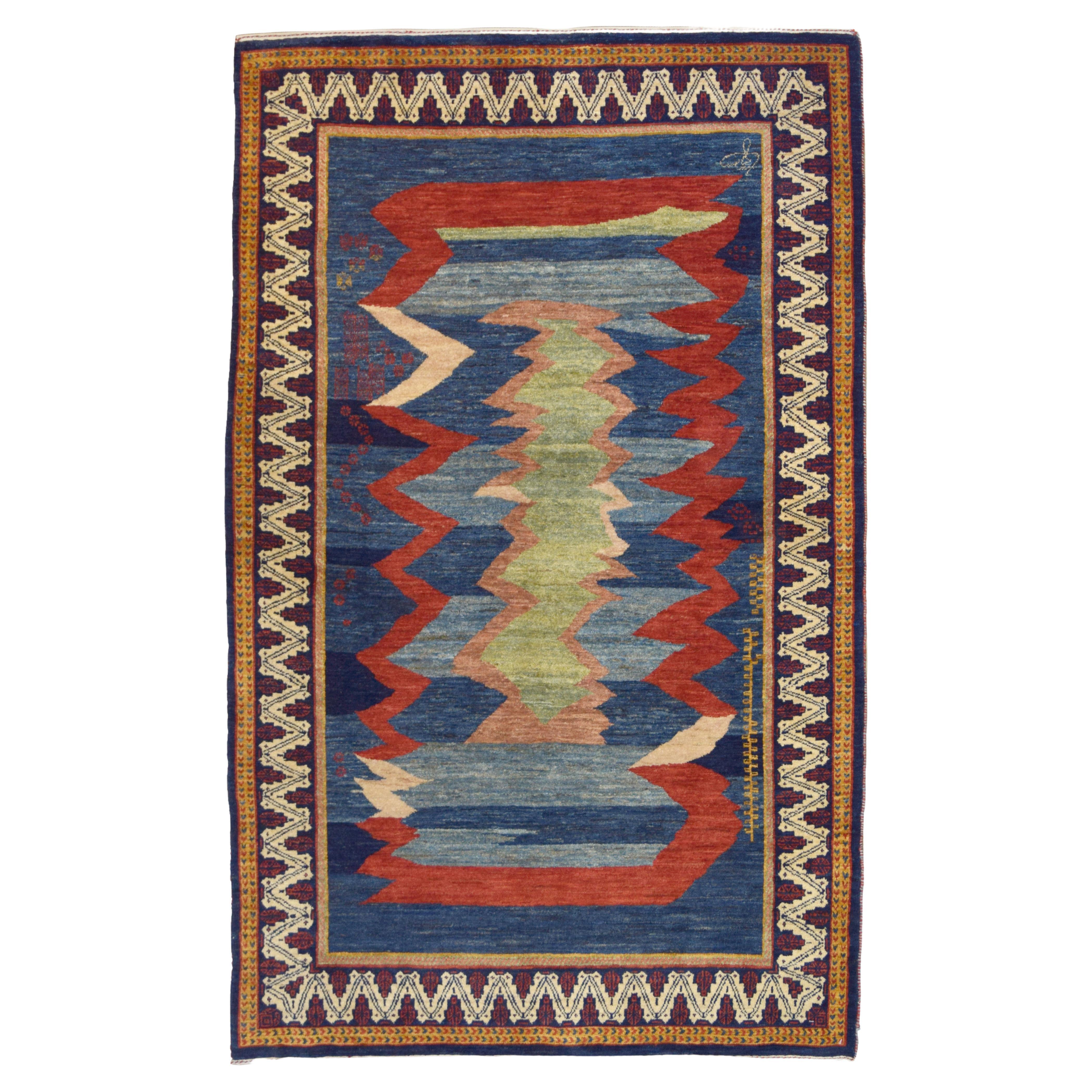 Tapis persan en laine Qashqai, tribal et transitionnel, bleu, rouge, vert, 4' x 6' en vente