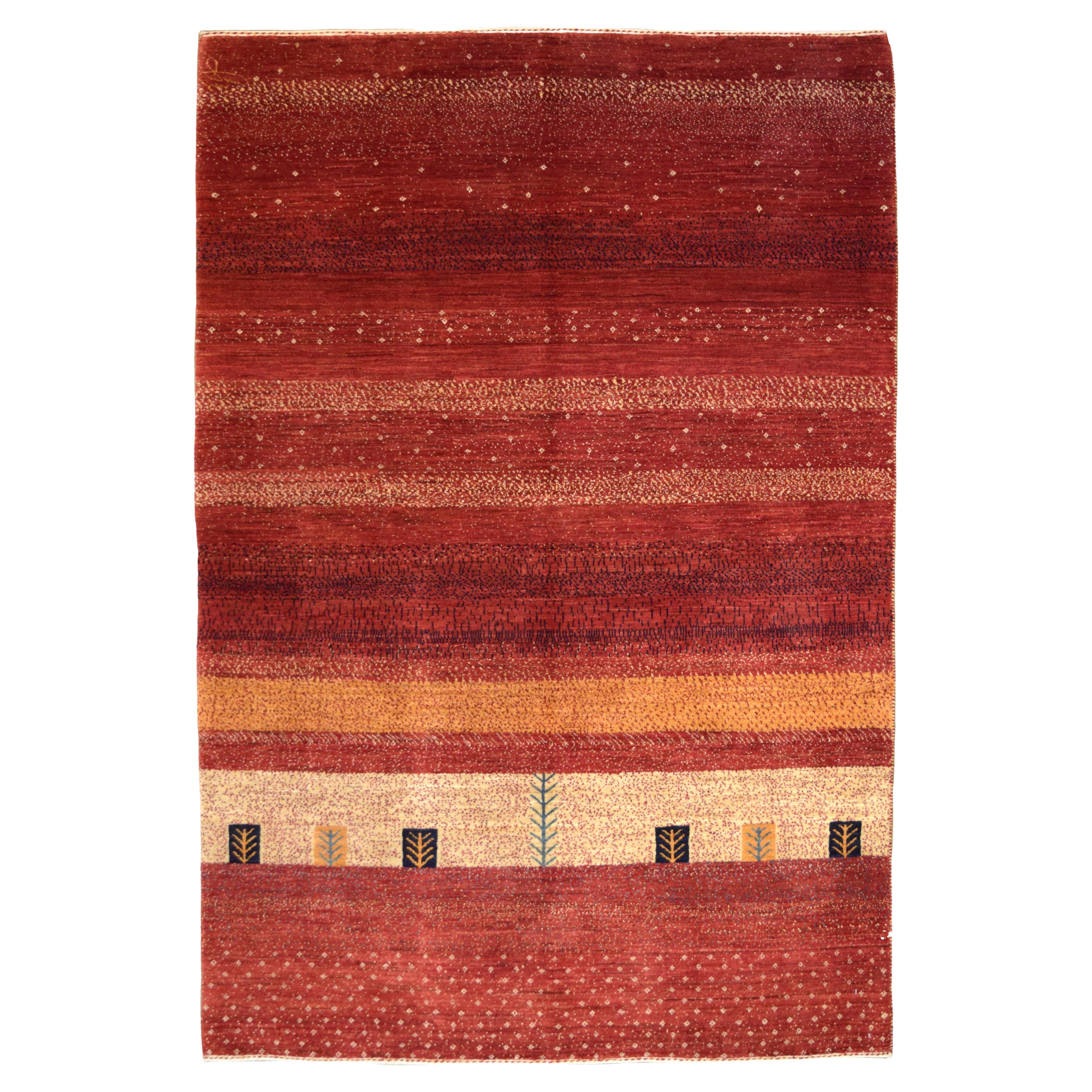 Roter, handgeknüpfter Übergangs- und Stammesszenen-Teppich aus persischer Wolle, 4' x 6'