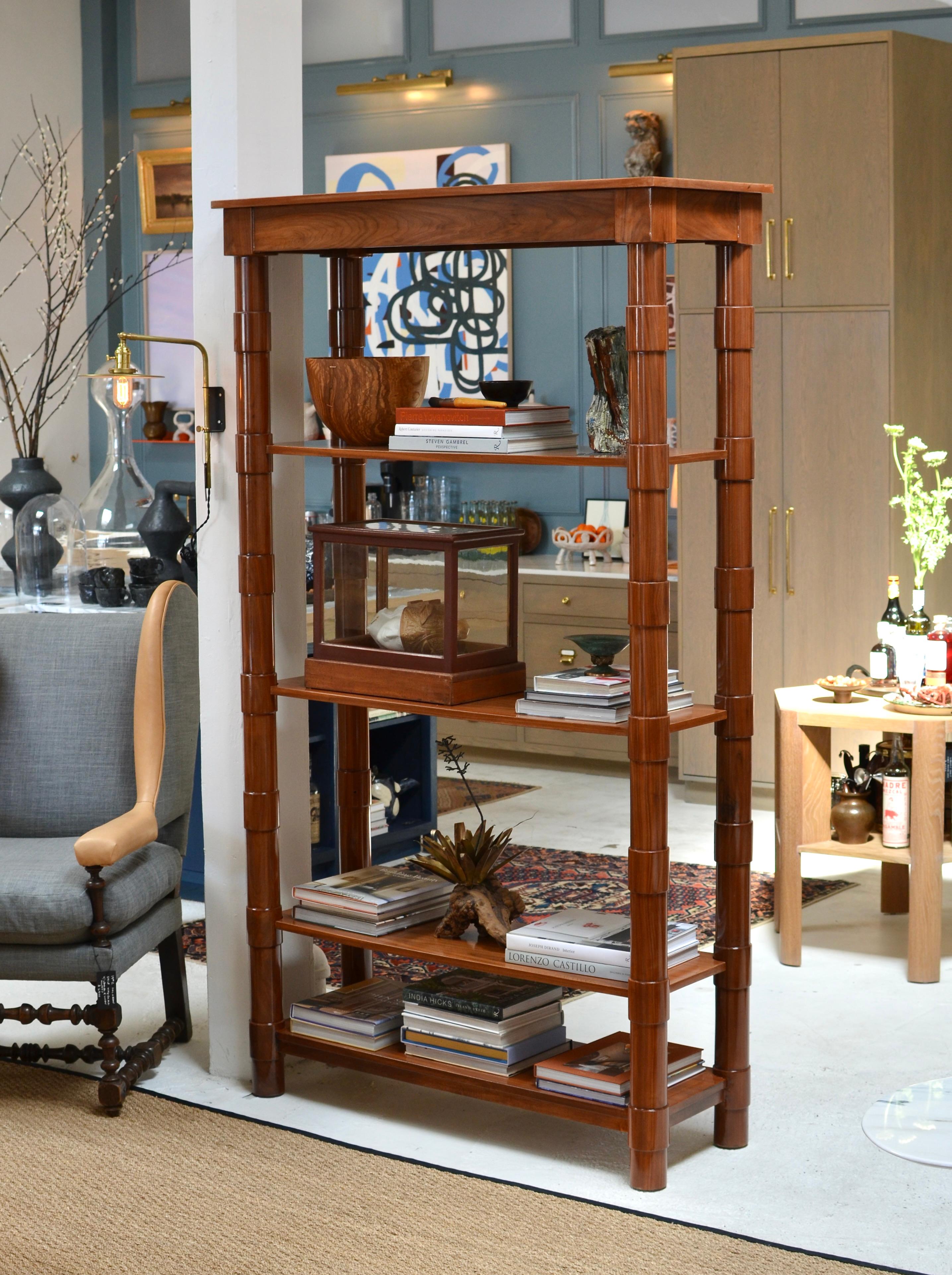 Contemporary Transitional Turned Frame Jenks Bookcase by Martin Brockett in High-Gloss Walnut For Sale