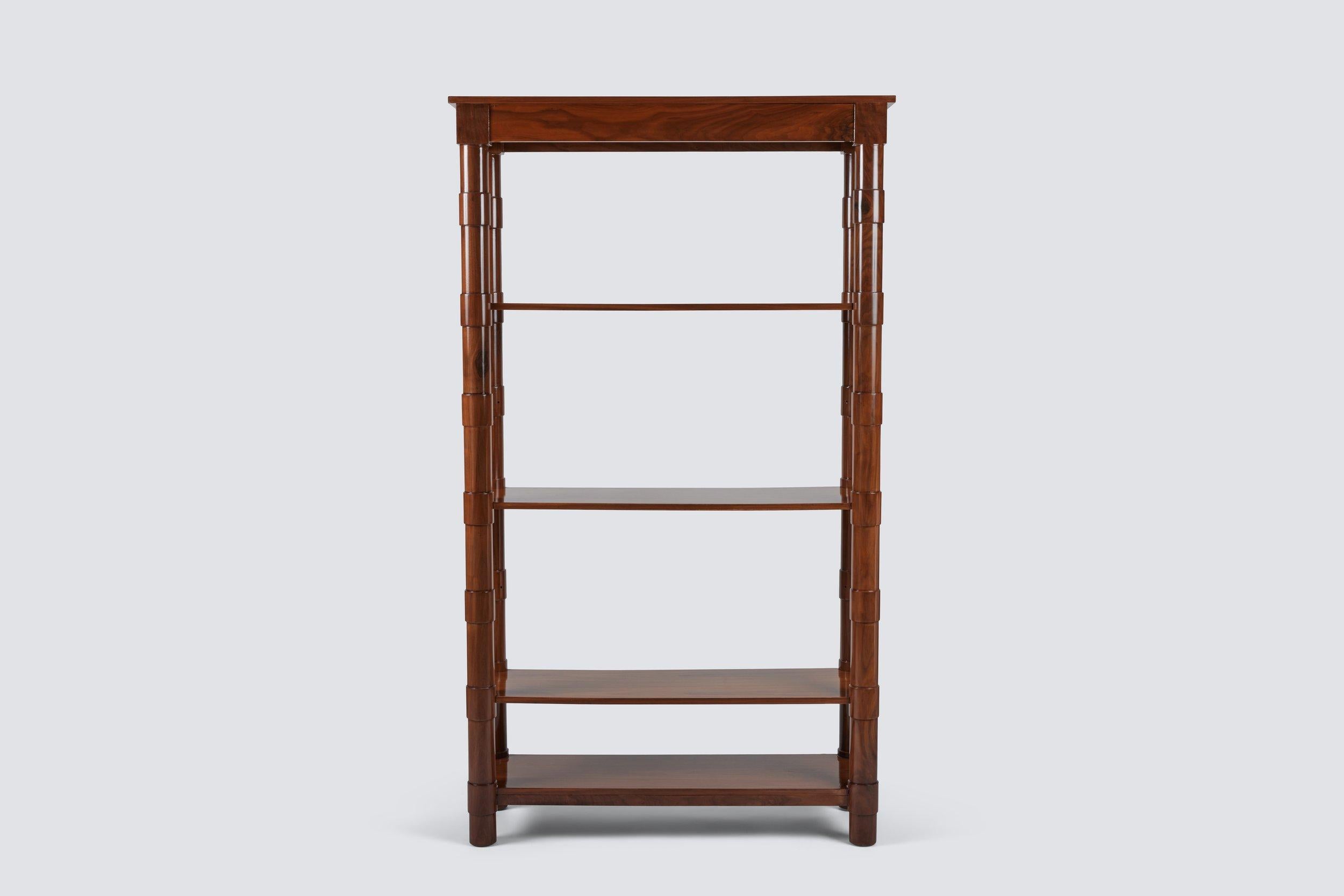 Transitional Turned Frame Bookcase by Martin Brockett in High-Gloss Walnut For Sale 1