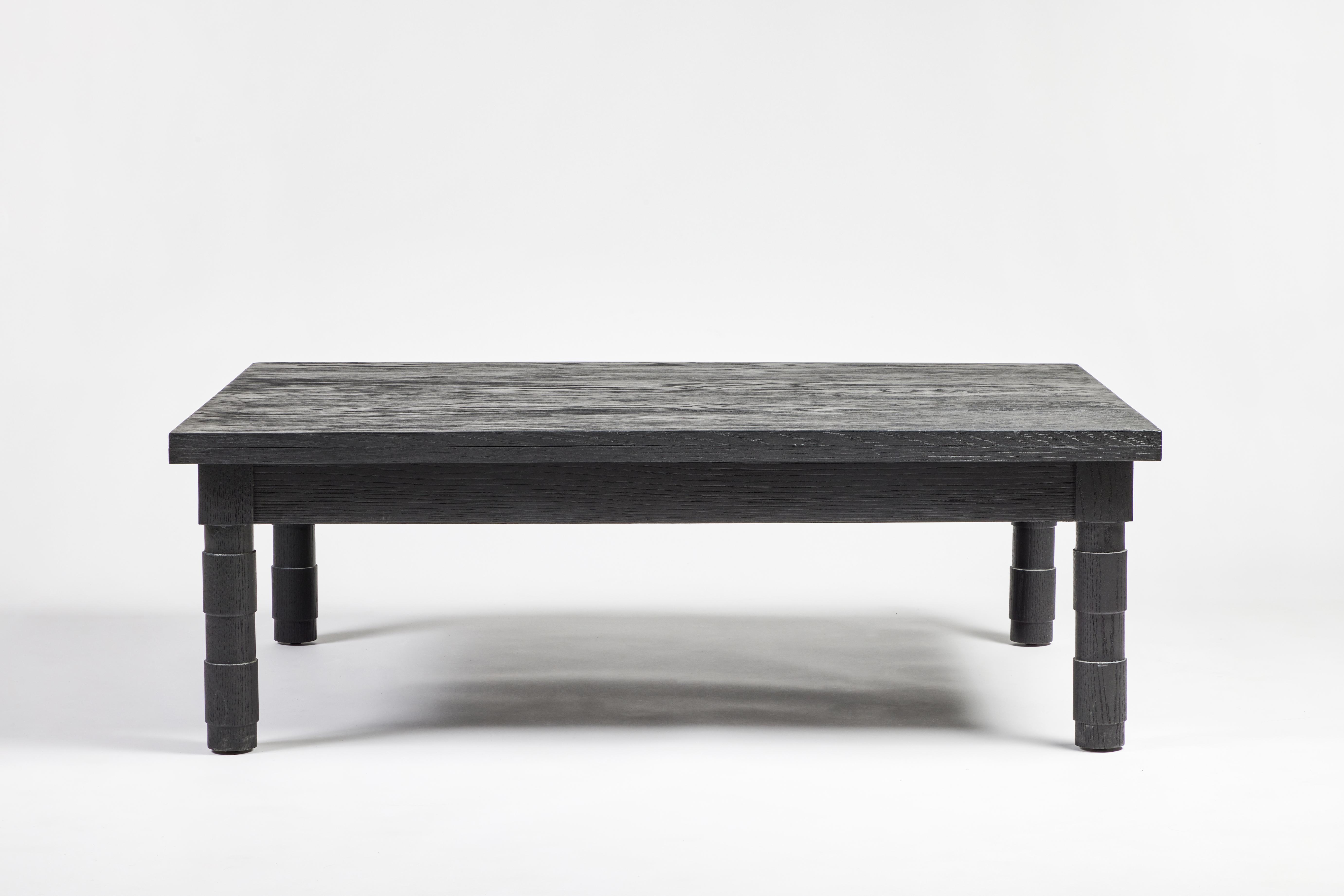 Martin & Brockett's Jenks Coffee Table features clean-lined transitional turned legs and a low profile. Shown here in our Ebony finish on Scrubbed Oak. 

Part of our Jenks Collection.
Each piece is individually crafted; slight variations in color,