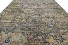 Transitional Wool Area Rug - Hand-Knotted Oushak Pattern, Moss Green & Gold